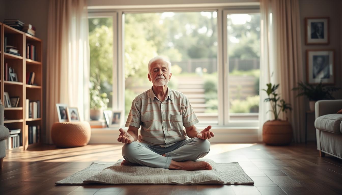 A serene, contemplative scene of an elderly person practicing mindfulness and stress management to cope with the early stages of Alzheimer's disease. In the foreground, a senior man sits cross-legged on a cushion, eyes closed, hands resting peacefully in his lap. Soft natural lighting filters in through a large window, casting a warm glow on his face. In the middle ground, shelves of books and framed family photos suggest a comfortable, familiar living space. The background features a tranquil garden vista, with lush greenery and a calming water feature, conveying a sense of harmony and inner peace. The overall mood is one of quiet reflection and intentional self-care.