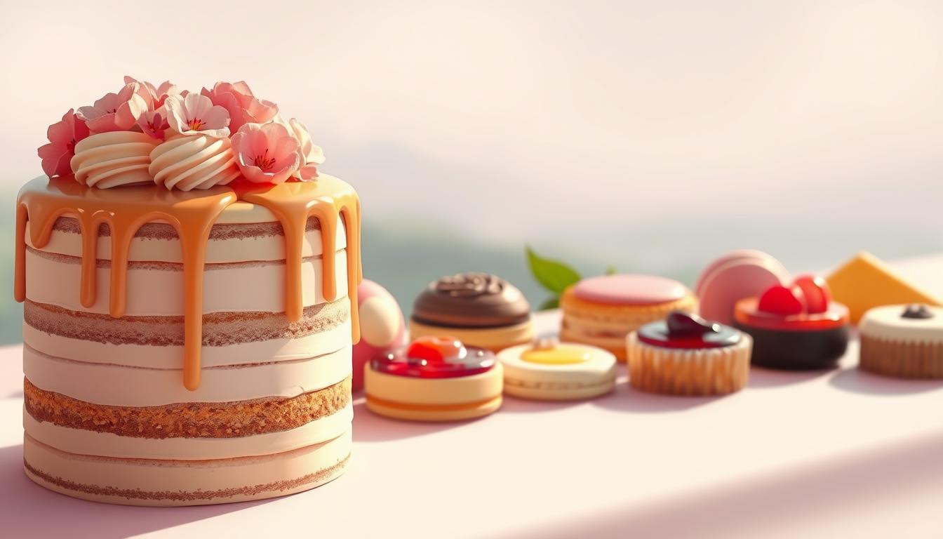 A delightful and visually captivating dessert, set against a soft, ethereal background. The foreground showcases a meticulously crafted layered cake, adorned with intricate piping, delicate flowers, and a drizzle of glossy glaze that catches the gentle, warm lighting. In the middle ground, an assortment of complementary desserts, such as macarons, tarts, and glistening fruit compotes, are arranged artfully, creating a harmonious and Instagrammable tableau. The background is a subtle, blurred landscape, allowing the desserts to take center stage and draw the viewer's attention. The overall composition and styling evoke a sense of elegance, whimsy, and a desire to indulge in these tempting, visually appealing treats.