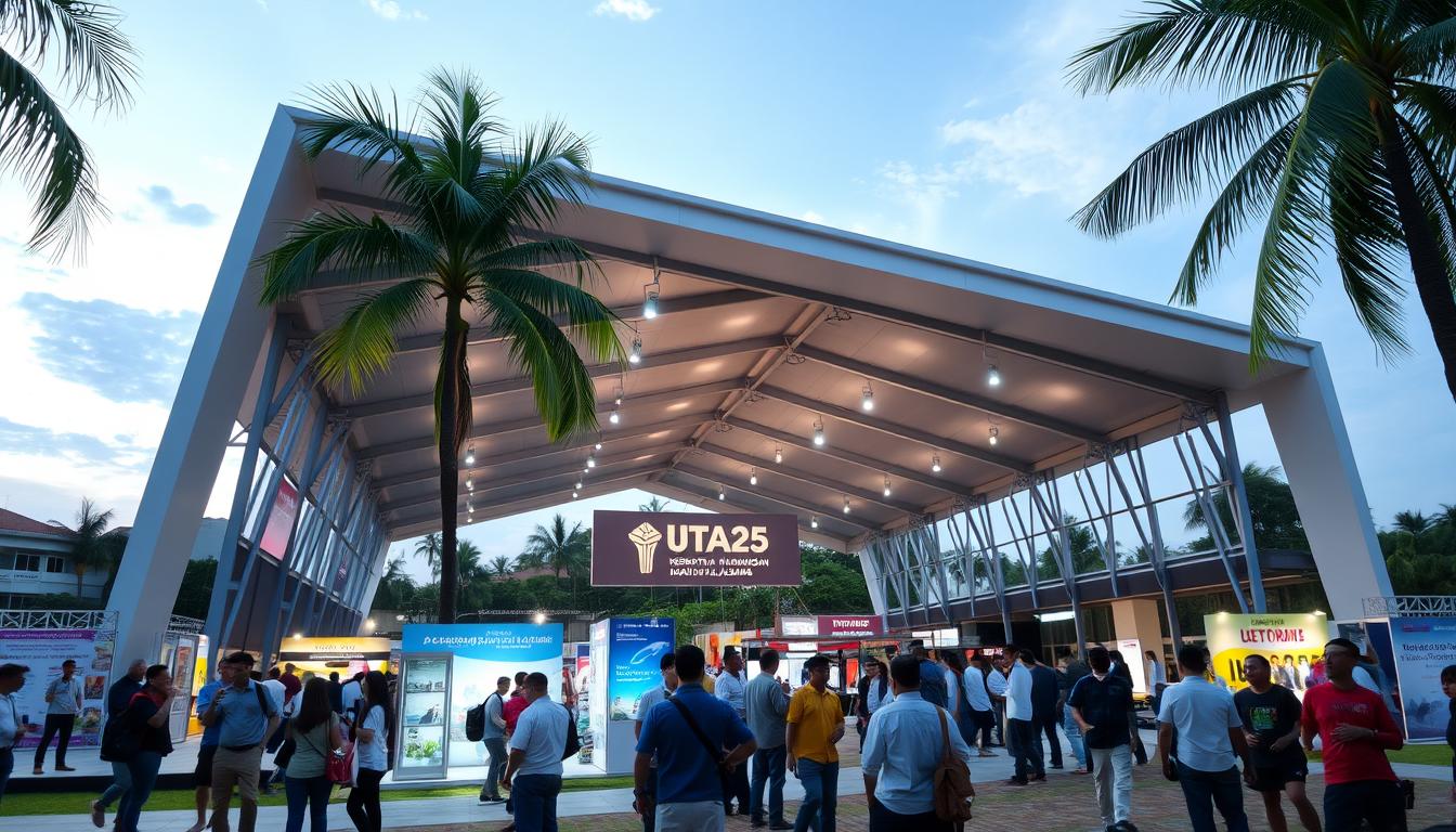 A large, modern festival pavilion set against the backdrop of the UEU campus in Makassar, Indonesia. The pavilion has a sleek, contemporary design with clean lines and a mix of glass, steel, and wood elements. Bright spotlights illuminate the structure, creating a warm, inviting atmosphere. In the foreground, a group of attendees are engaged in lively discussions, networking, and exchanging ideas. The midground features various booths and displays showcasing the latest technologies, innovations, and opportunities in the energy and mineral sectors. The background depicts the lush, tropical landscape of the UEU campus, with palm trees swaying gently in the breeze. An air of excitement and collaboration permeates the scene, reflecting the &quot;Kesempatan Jaringan dan Kerja Sama&quot; (Networking and Collaboration Opportunities) theme of the TITAFI 2025 event.