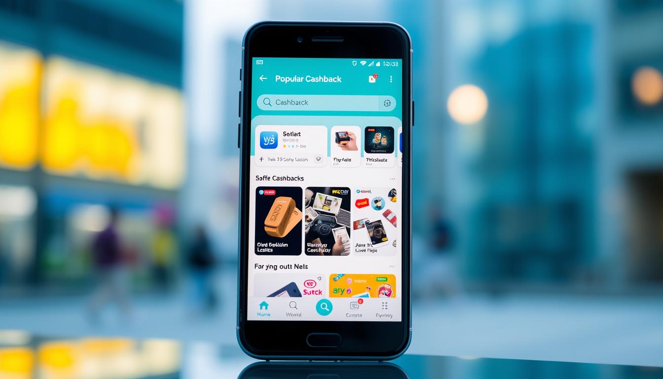 A sleek, modern smartphone display showcasing a popular cashback app interface. The foreground features a clean, intuitive UI with large icons and simplified navigation, reflecting the app's user-friendly design. The middle ground depicts a carousel of cashback offers and deals, each displayed with eye-catching visuals. In the background, a blurred cityscape provides a dynamic urban setting, hinting at the app's utility for on-the-go purchases and savings. The overall tone is one of efficiency, convenience, and the ability to effortlessly earn extra income through everyday transactions.