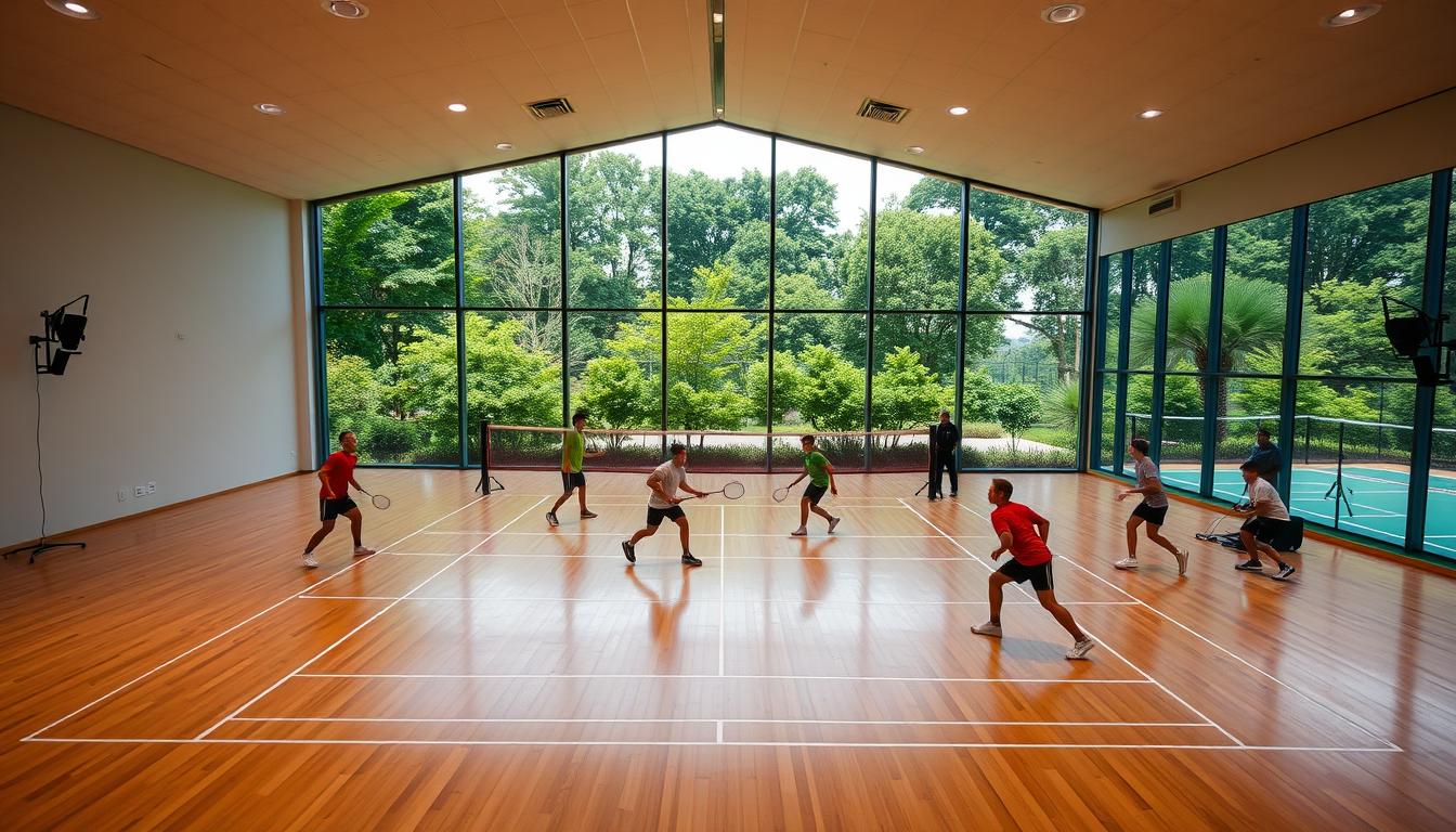 A modern, well-equipped badminton training facility nestled amidst lush greenery. The foreground features a spacious, well-lit indoor court with sleek wooden flooring and high ceilings. Badminton players in colorful uniforms engage in dynamic rallies, their movements captured in sharp focus. The middle ground showcases state-of-the-art training equipment, including practice nets, speed radars, and video analysis stations. In the background, floor-to-ceiling windows offer panoramic views of manicured outdoor courts surrounded by verdant trees, creating a serene and inspiring atmosphere for athletes to hone their skills. Warm, natural lighting imbues the scene with a sense of professionalism and dedication to the sport of badminton.