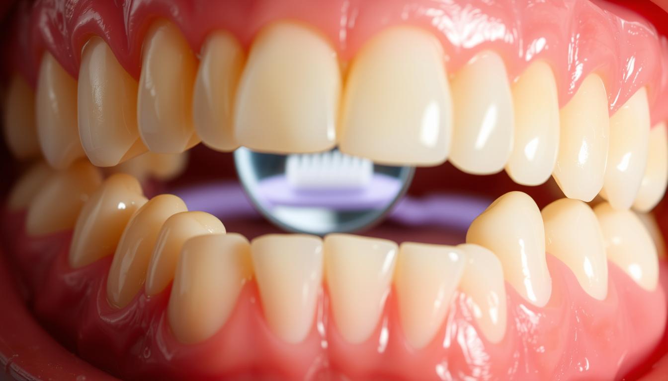 A detailed close-up of a healthy set of teeth and gums, illuminated by soft, natural lighting. The teeth are gleaming white, with intricate structures and textures visible. The gums are a vibrant, healthy pink, gently curving around the teeth. In the middle ground, a reflection of the teeth can be seen in a mirror, providing a different angle and perspective. In the background, a blurred image of a toothbrush and toothpaste, symbolizing the importance of oral hygiene. The overall mood is one of cleanliness, health, and well-being, conveying the significance of proper dental care.