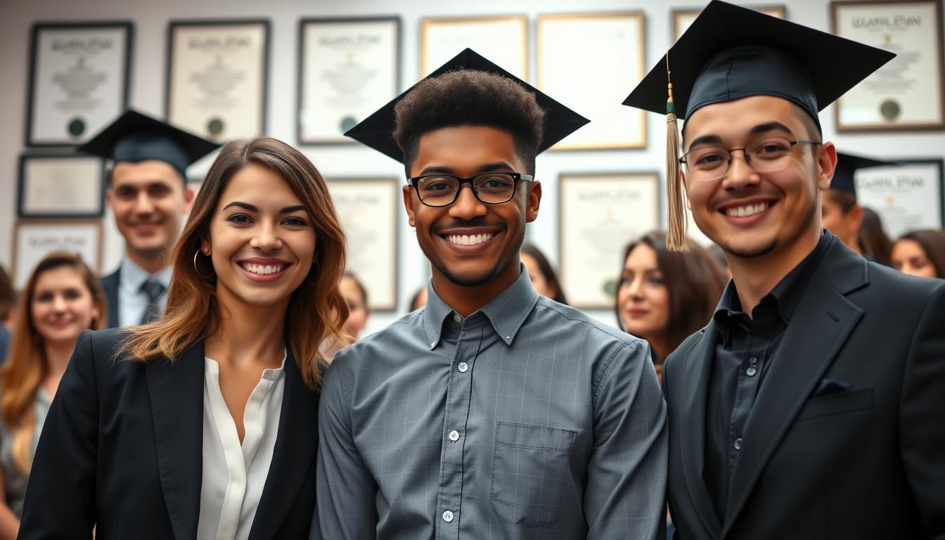 A group of successful high school alumni gathered in a well-lit studio, their faces radiating pride and accomplishment. The foreground showcases three individuals in formal attire, their posture and expressions conveying a sense of confidence and determination. The middle ground features a backdrop of blurred academic certificates and awards, subtly hinting at their scholastic achievements. The overall lighting is soft and even, creating a warm, inviting atmosphere that highlights the subjects' triumphant stories. The image is captured with a medium-to-wide angle lens, allowing the viewer to appreciate the group dynamic and the overall scene. The mood is one of celebration and inspiration, reflecting the remarkable journeys of these distinguished alumni.