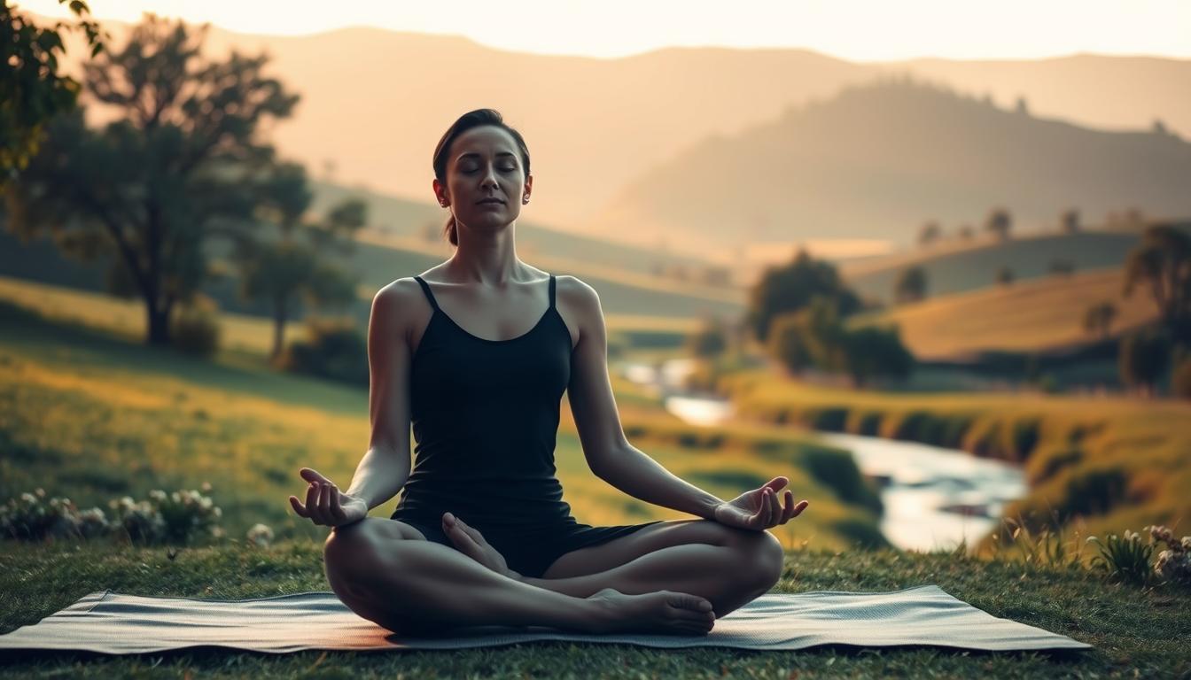 A tranquil, serene scene of a person meditating in a peaceful outdoor setting. The foreground features a person sitting cross-legged on a mat, their eyes closed in deep contemplation, their expression calm and focused. The middle ground showcases a lush, verdant landscape with rolling hills, swaying trees, and a gently flowing stream. The background is bathed in warm, golden light, creating a soft, dreamlike atmosphere. The lighting is soft and diffused, with subtle shadows and highlights that accentuate the subject's features. The overall composition conveys a sense of harmony, introspection, and the perfect moment for meditation.