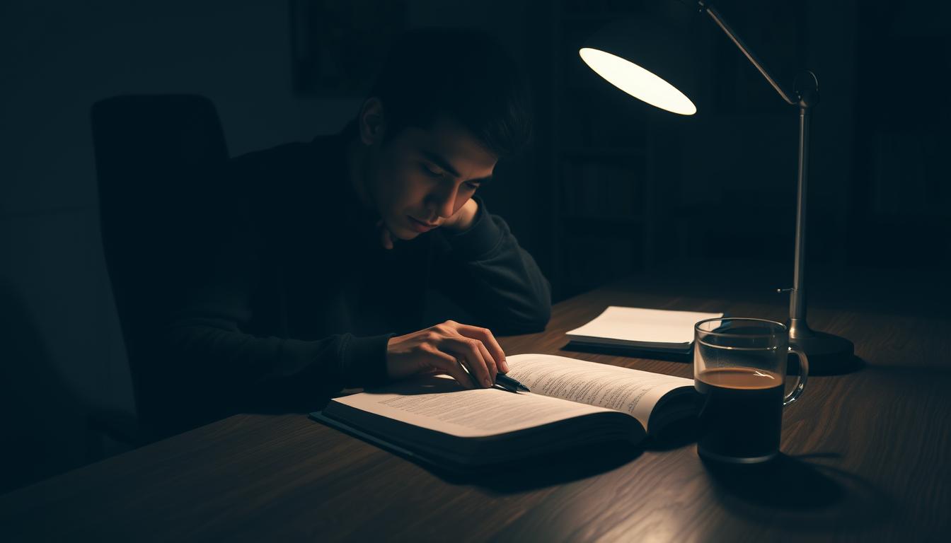 A dimly lit study space, a desk illuminated by a warm table lamp. On the desk, an open notebook, a pen, and a half-empty cup of coffee. The student, lost in contemplation, their head resting on their hand, expression pensive. Shadows cast across the room, creating a somber, introspective atmosphere. Bookshelf in the background, hinting at the student's dedication to their studies. The scene conveys a sense of self-reflection and evaluation after the arduous Arabic language exam.