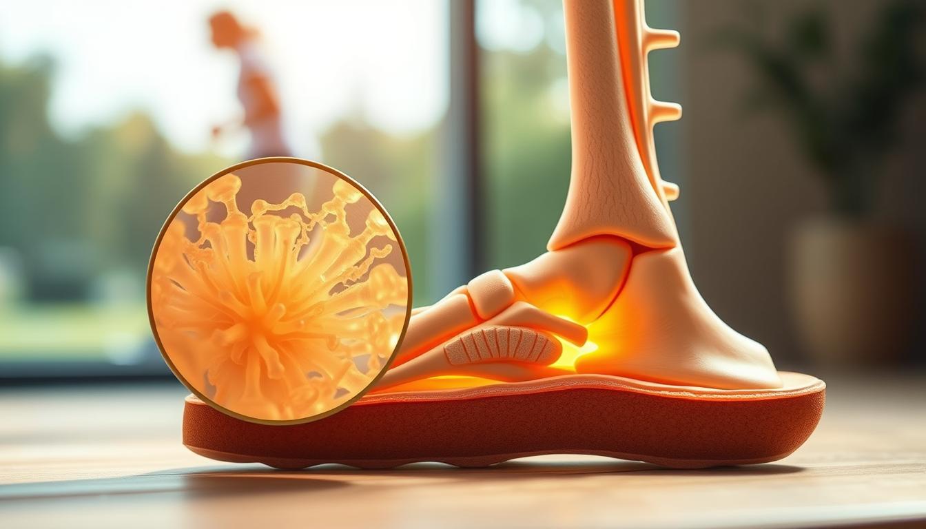 A detailed cross-section of human bone structure, showcasing the intricate role of protein in maintaining bone health. In the foreground, a magnified view reveals the complex protein matrix that provides the foundation for calcium deposition and bone mineralization. The middle ground features a skeletal structure, with a focus on the trabecular and cortical bone components, highlighted to demonstrate the importance of protein for their formation and density. In the background, a softly blurred scene depicts a healthy, active lifestyle, alluding to the broader context of optimal nutrition for preventing osteoporosis. Warm lighting casts a natural, inviting glow, and the composition is captured with a shallow depth of field to emphasize the detailed, scientific nature of the subject matter.