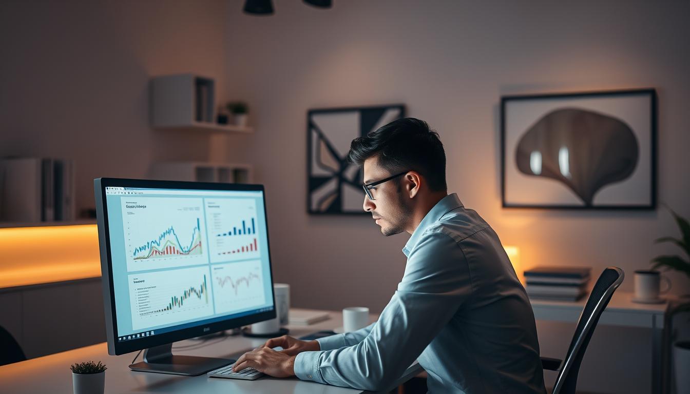 A data analyst sitting at a well-organized desk, intently studying charts and graphs on a computer screen, the soft glow of the display illuminating their focused expression. The office space is modern and minimalist, with geometric shelves and abstract artwork on the walls, creating a sleek and professional atmosphere. Warm, directional lighting casts dramatic shadows, emphasizing the analyst's intense concentration. The scene conveys the importance of data-driven insights and the analytical mindset required for this dynamic role in the ever-evolving technology landscape.