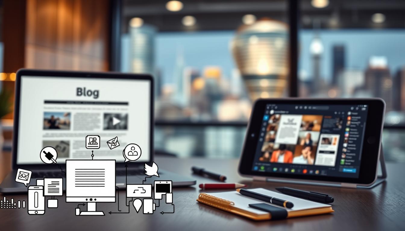 A well-lit, high-resolution image of various types of digital content creation, including a laptop displaying a blog post, a smartphone recording a video, and a tablet with a design software interface. The foreground features a stylized graphic illustrating different content formats such as articles, videos, and social media posts. The middle ground shows a designer's workspace with a pen, notebook, and other tools. The background depicts a blurred cityscape, suggesting a professional, urban setting. The overall mood is one of productivity, creativity, and the diverse nature of modern copywriting services.