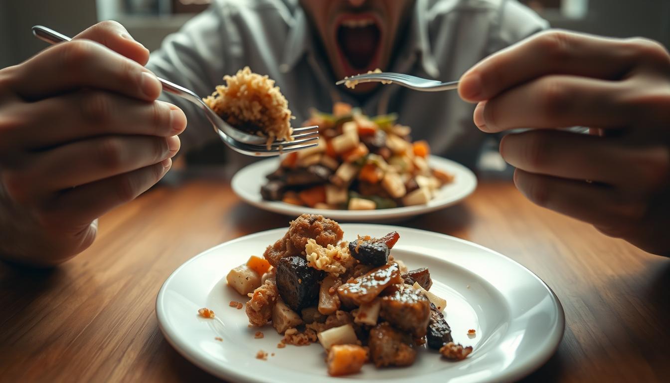 A close-up view of someone's hands and plate at a dining table, capturing the telltale signs of rapid eating. The foreground showcases a mouth open wide, food half-chewed, and utensils moving at a frantic pace. The middle ground highlights a plate piled high with a variety of dishes, suggesting an urgency to consume. The background is slightly blurred, creating a sense of focus on the act of eating itself. The lighting is natural, with soft shadows accentuating the textures of the food and tableware. The overall scene conveys a mood of hurried consumption, reflecting the risks of eating too quickly.