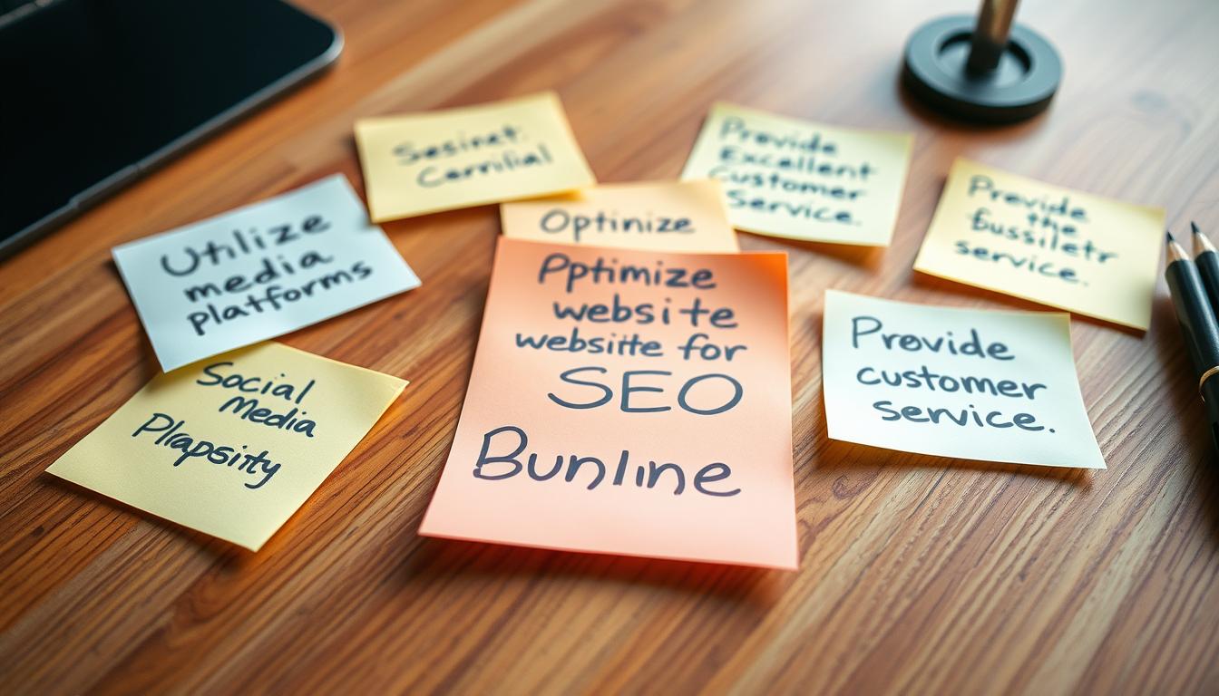 A close-up, well-lit photograph of a collection of handwritten sticky notes on a wooden desk. The notes are arranged neatly and display various business-related tips and strategies, such as "Utilize social media platforms", "Optimize website for SEO", and "Provide excellent customer service". The desk is made of a warm-toned wood, and the lighting creates a soft, inviting atmosphere. The focus is on the notes, with a slightly blurred background to draw the viewer's attention to the key elements. The image conveys a sense of organization, productivity, and the potential for online business success.