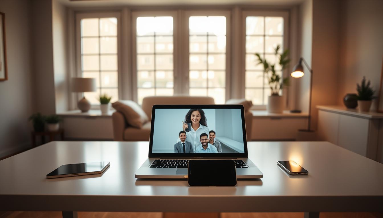 A serene, well-lit home office setting with a laptop, tablet, and smartphone arranged neatly on a sleek, modern desk. The desktop showcases a video call interface, conveying the idea of virtual counseling sessions. Warm, indirect lighting filters through large windows, creating a calming, professional atmosphere. In the background, minimalist decor and neutral tones contribute to an overall sense of tranquility and focus. The scene captures the intersection of technology and personalized mental health support, reflecting the essence of online counseling services.