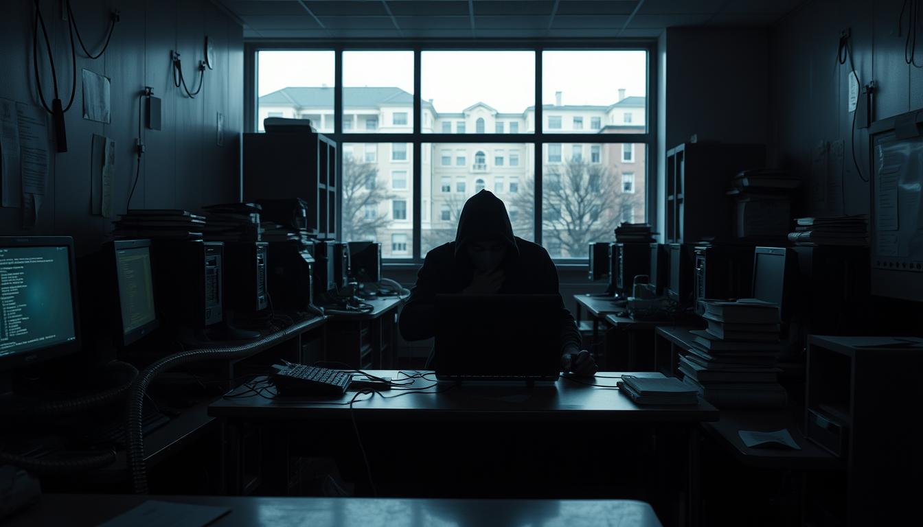 A dimly lit university computer lab, desks scattered with tangled cables and glowing screens. In the center, a lone hacker hunched over a laptop, fingers flying across the keyboard as lines of code cascade across the display. Shadows cast by the glow of the monitor shroud their face in mystery, creating an ominous atmosphere. The room is cluttered with stacks of books and papers, hinting at the sensitive academic data being infiltrated. Outside, the campus buildings loom, their façades reflecting the unseen breach unfolding within. The scene conveys the weight and impact of a cyber attack on an institution of higher learning, disrupting the pursuit of knowledge and challenging the safety of educational spaces.