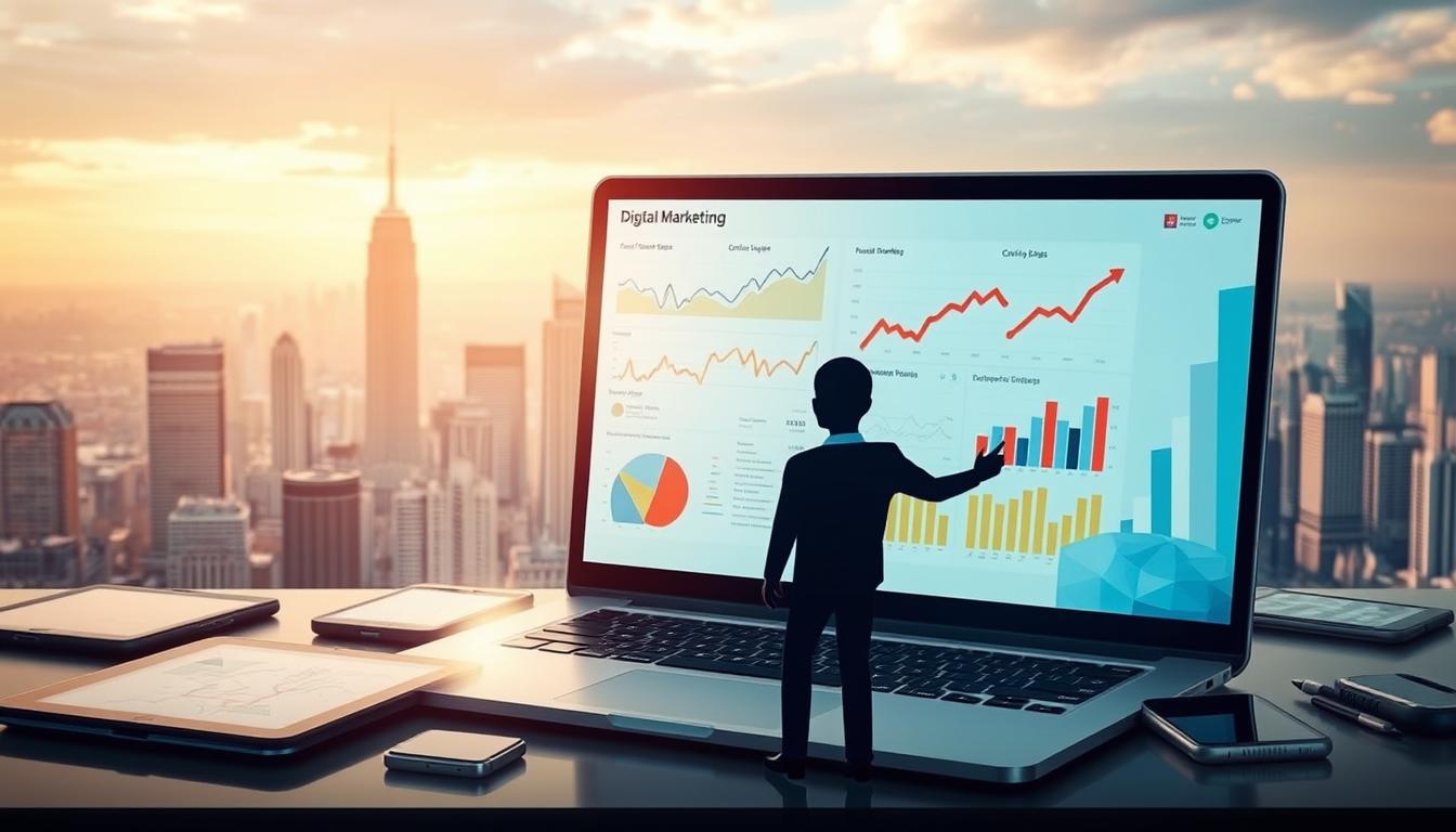 A dynamic digital marketing landscape, with a central focus on a laptop screen displaying analytics and online advertising. In the foreground, a stylized human figure interacts with the digital interface, symbolizing the integration of technology and business. The middle ground features an array of digital devices, including tablets and smartphones, showcasing the multi-channel nature of modern marketing. The background depicts a cityscape, hinting at the global reach and scale of digital marketing strategies. Lighting is soft and warm, creating an atmosphere of productivity and innovation. The overall composition conveys the essence of digital marketing - a blend of technology, data, and human expertise driving business success.