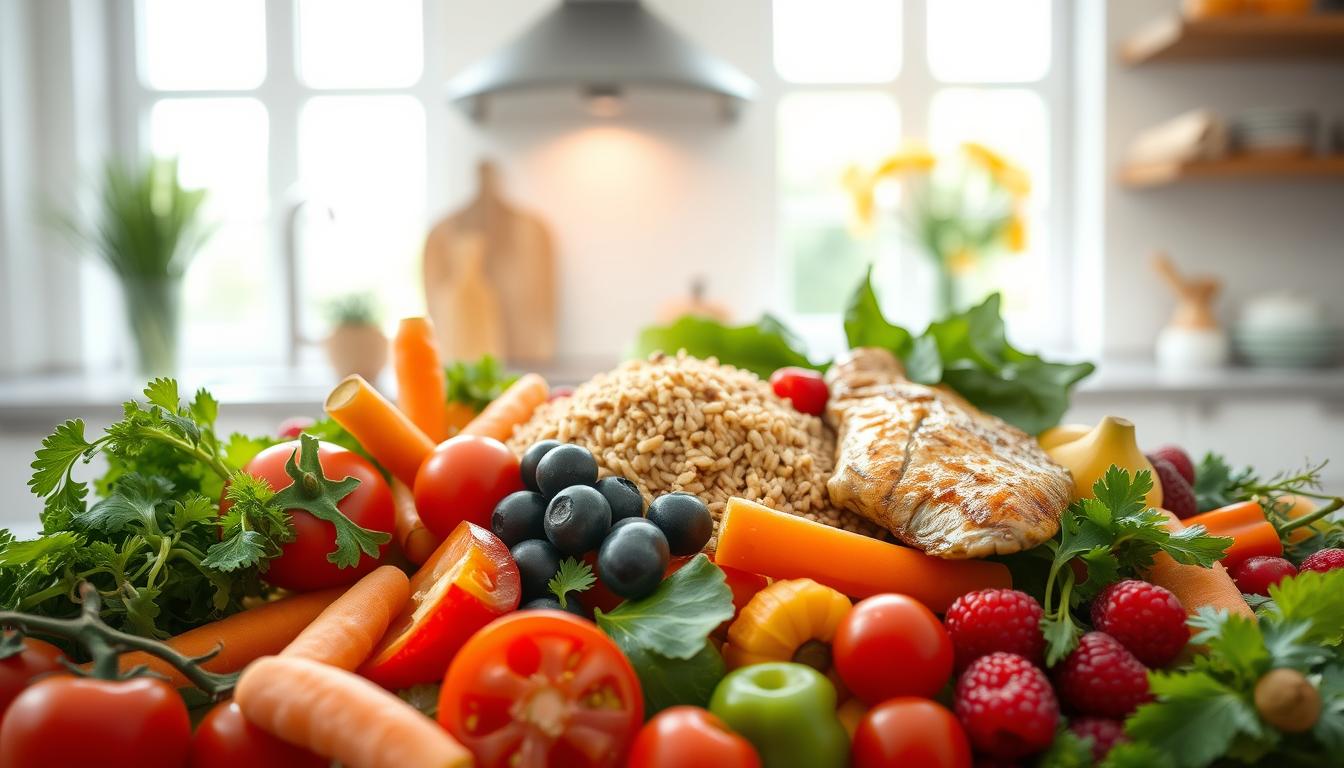 A mouth-watering display of a balanced, nutritious meal for a thriving child. In the foreground, an assortment of vibrant, fresh fruits and vegetables - juicy tomatoes, crisp carrots, leafy greens, and ripe berries. In the middle ground, a plate of wholesome grains, such as brown rice or quinoa, accompanied by a serving of lean protein, perhaps grilled chicken or baked fish. The background features a bright, airy kitchen setting, with natural lighting filtering through large windows, conveying a sense of warmth and wellness. The overall scene exudes a harmonious, soothing atmosphere, reflecting the importance of a well-rounded, healthy diet for a child's optimal growth and development.