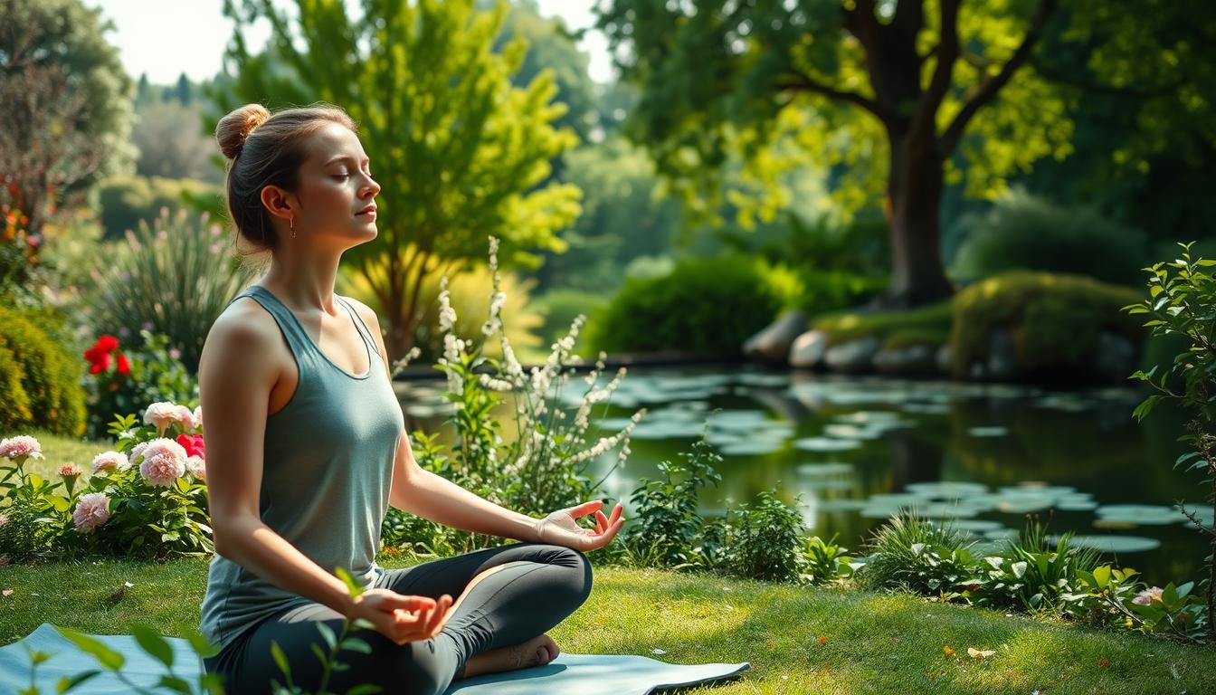 A serene outdoor scene with a person practicing yoga or meditation in a peaceful garden setting. The foreground shows the individual in a relaxed, cross-legged position, eyes closed, and hands resting gently on their lap. The middle ground features lush greenery, such as flowering plants, shrubs, and trees, creating a calming, natural atmosphere. The background showcases a tranquil body of water, like a pond or a lake, reflecting the sky and surrounding foliage. The lighting is soft and diffused, creating a warm, soothing ambiance. The overall scene conveys a sense of mindfulness, tranquility, and mental well-being.