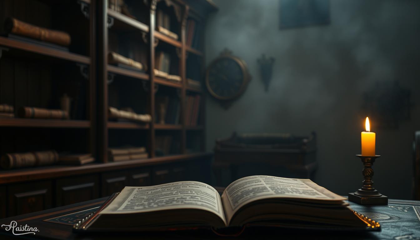 A serene, dimly lit interior with wooden shelves and scrolls, illuminated by the warm glow of a single candle. In the foreground, an open book rests upon an ornate wooden desk, its pages revealing ancient verses and philosophical musings on the nature of law and ethics. The background is hazy, with a sense of timelessness, suggesting the deep, contemplative nature of the subject matter. The overall atmosphere evokes a sense of reverence and thoughtful introspection, befitting the exploration of the foundations of Jarimah Ta'zir.