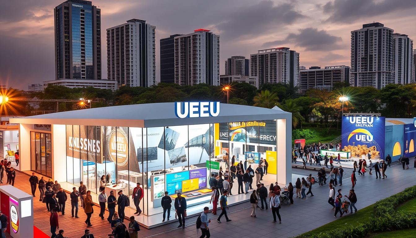 A vibrant energy and mineral festival in Makassar, Indonesia, with the UEU (Universitas Ekasakti Utama) pavilion standing prominently. The festival grounds are bustling with visitors, showcasing the latest advancements in renewable energy and mineral exploration. The UEU pavilion features sleek, modern architecture, with large windows and clean lines that reflect the institution's commitment to innovation. Vibrant displays and interactive exhibits within the pavilion engage attendees, highlighting UEU's role in shaping the future of energy and mineral technology. Warm, natural lighting illuminates the scene, creating a welcoming and informative atmosphere. The festival's backdrop is a cityscape of towering skyscrapers and lush greenery, blending the urban and natural elements of Makassar.