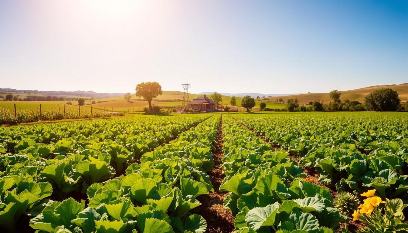 A lush, verdant field of organic crops thrives under a warm, golden sunlight. In the foreground, rows of vibrant, leafy vegetables and fruits stretch out, their nutrient-rich colors and textures conveying the vitality of sustainable agriculture. In the middle ground, a small farmhouse stands amidst a diverse array of flowering plants and trees, hinting at the harmony between human habitation and the natural environment. In the distance, rolling hills and a clear blue sky create a serene, picturesque backdrop, underscoring the restorative impact of organic farming on the landscape. The scene exudes a sense of balance, showcasing how organic practices can nurture both the land and the people who depend on it.