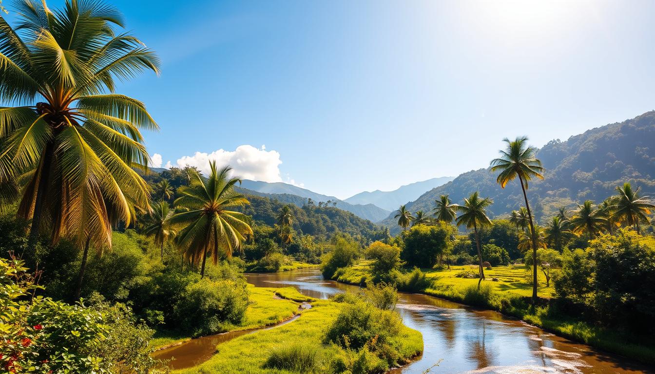 A serene, sun-dappled vista of Lombok's tranquil healing destination. In the foreground, a peaceful river winds through lush, verdant foliage, its calm waters reflecting the surrounding natural beauty. Towering palm trees sway gently in the soft breeze, casting dappled shadows on the riverbank. In the middle ground, rolling hills and distant mountains rise up, their slopes covered in a patchwork of verdant forests and terraced rice paddies. The sky above is a brilliant, cloudless azure, illuminated by warm, golden sunlight that bathes the entire scene in a soothing, restorative glow. An atmosphere of pure, rejuvenating calm and harmony pervades the landscape, inviting the viewer to pause, breathe deeply, and be renewed.