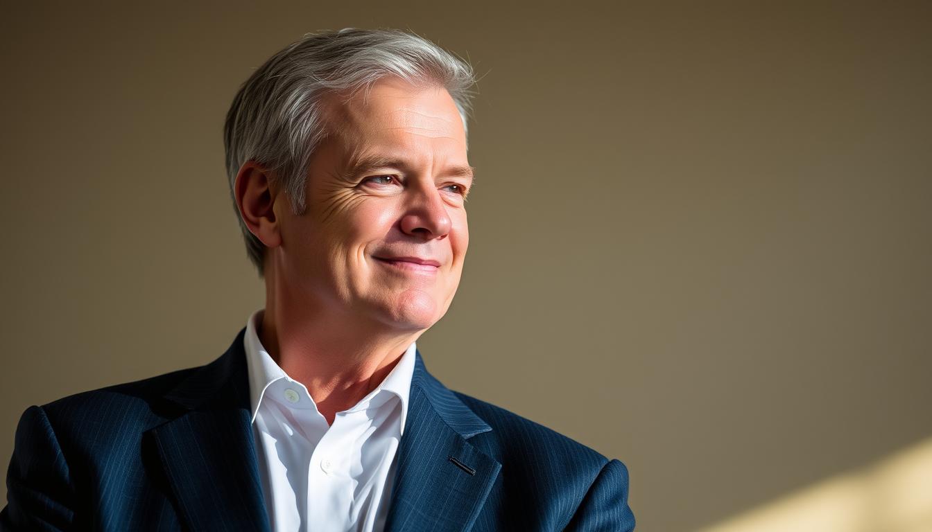 A middle-aged man with a friendly, yet composed expression, standing in a thoughtful pose. He is dressed in a well-tailored suit, conveying a sense of professionalism and authority. The lighting is soft and natural, illuminating his face and creating subtle shadows that add depth and dimension to the scene. The background is blurred, keeping the focus on the subject, who is positioned slightly off-center, creating a sense of balance and dynamism. The overall tone is one of quiet confidence and leadership, reflecting the important role this individual plays in the political landscape.