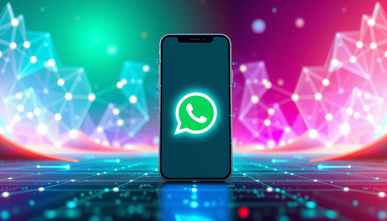 A vibrant, futuristic digital landscape depicting a &quot;meta WhatsApp&quot; concept. In the foreground, a sleek, minimalist mobile device displays the familiar WhatsApp logo, its interface subtly transformed with a modern, holographic aesthetic. The middle ground features a network of interconnected data streams, visualized as glowing lines and geometric shapes, hinting at the seamless integration of WhatsApp with cutting-edge technologies. In the background, a kaleidoscopic array of abstract, translucent shapes and gradients creates a sense of depth and technological sophistication, evoking the idea of a metaverse-like environment. The overall mood is one of innovation, connectivity, and the infinite possibilities of the digital realm.