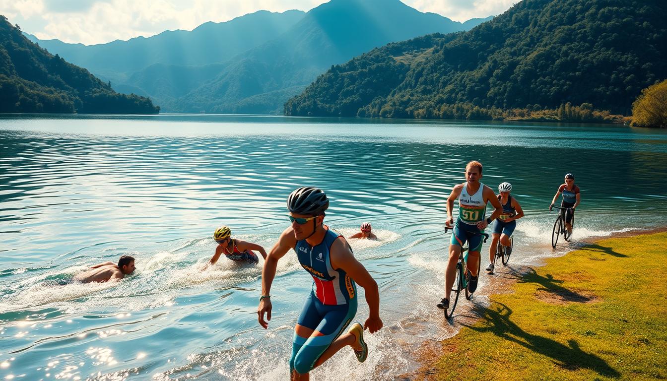 A pristine lake surrounded by lush, verdant hills serves as the serene backdrop for a challenging triathlon competition in Indonesia. In the foreground, athletes in sleek, colorful wetsuits dive into the crystalline waters, their powerful strokes creating a mesmerizing ripple effect. Transitioning to the cycling leg, the competitors navigate winding mountain roads, fueled by the breathtaking scenery of towering peaks and dense, tropical foliage. As they enter the final running stage, the athletes stride with determination across a grassy field, their faces etched with the thrill of the test. Warm, golden sunlight filters through the scene, casting a warm, inviting glow and accentuating the beauty of this uniquely Indonesian triathlon landscape.