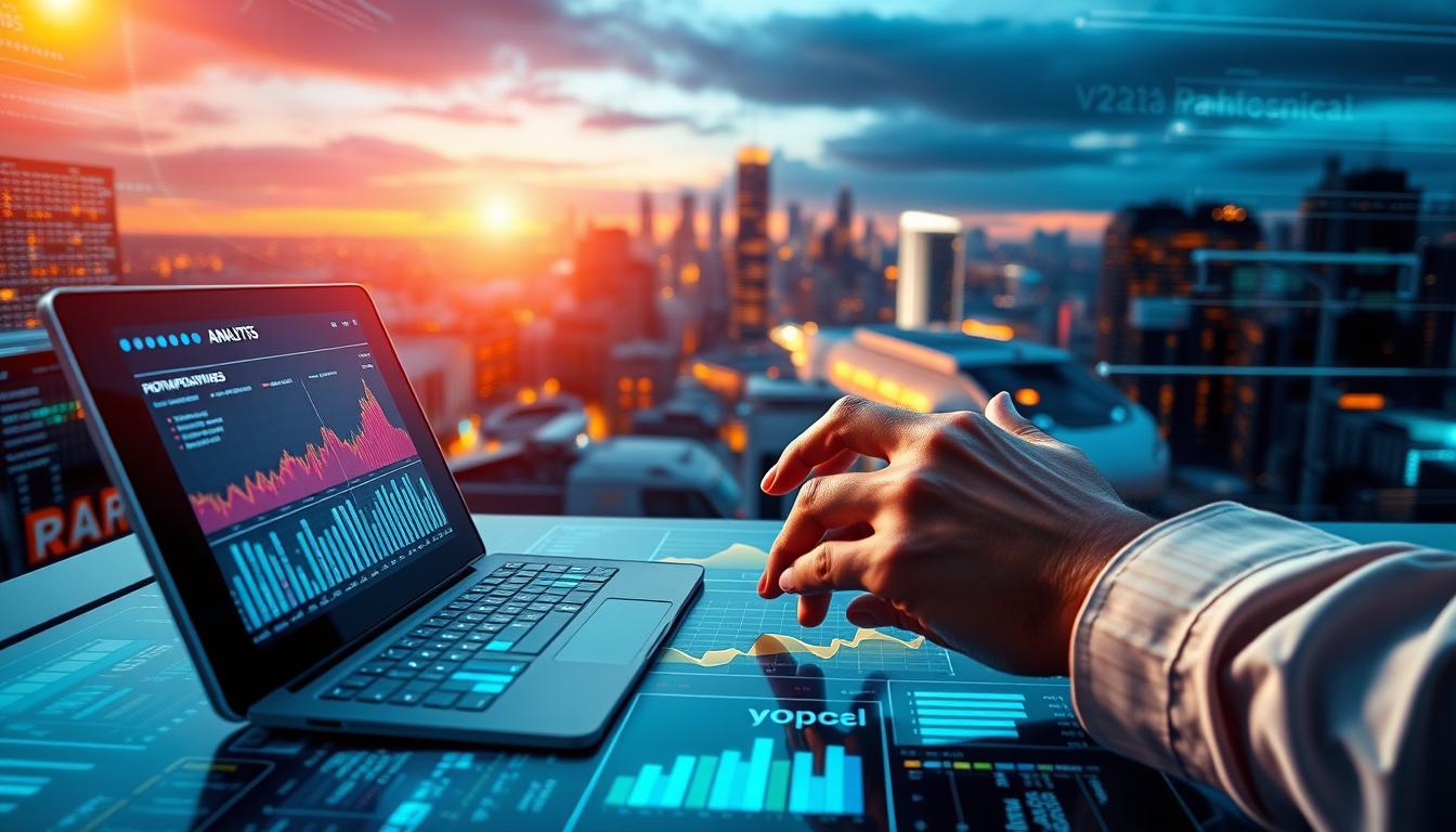 A vibrant information processing landscape, showcasing the core skills of a data analyst. In the foreground, a sleek data visualization dashboard glows with insightful charts and graphs, illuminated by warm studio lighting. In the middle ground, hands deftly manipulate data sets and algorithms, leveraging powerful analytical tools. The background reveals a cityscape, hinting at the dynamic, technology-driven environment where data analysts thrive, contributing to the growth and decision-making of cutting-edge industries.