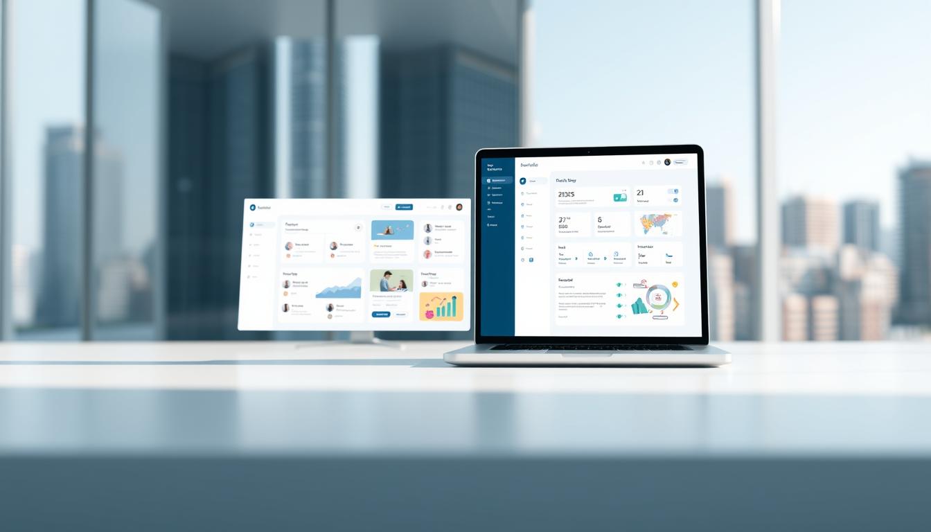A modern, minimalist digital platform with a clean, intuitive interface. The foreground features a sleek, responsive web application with various interactive sections and call-to-action buttons. The middle ground showcases a stylized laptop or desktop computer displaying the platform's dashboard. In the background, a soft, blurred cityscape or office environment sets the scene, conveying a professional, work-oriented atmosphere. The lighting is bright and balanced, with a slightly cool color palette to evoke a sense of technology and innovation. The overall composition emphasizes simplicity, user-friendliness, and the platform's role as a tool for online business and client engagement.