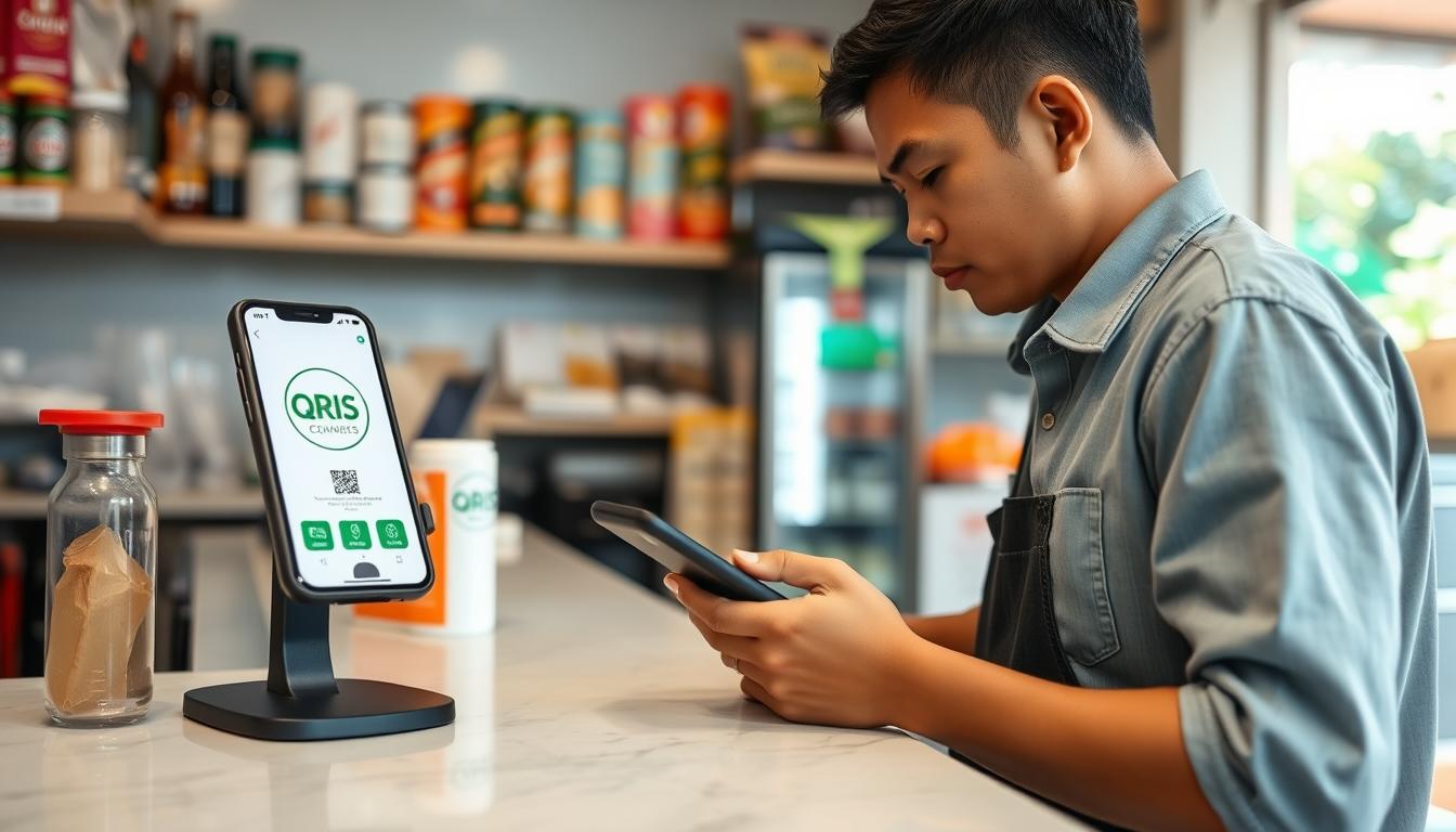 Transaksi QRIS Aman untuk UMKM dengan pelaku usaha kecil menggunakan smartphone untuk scan kode QR