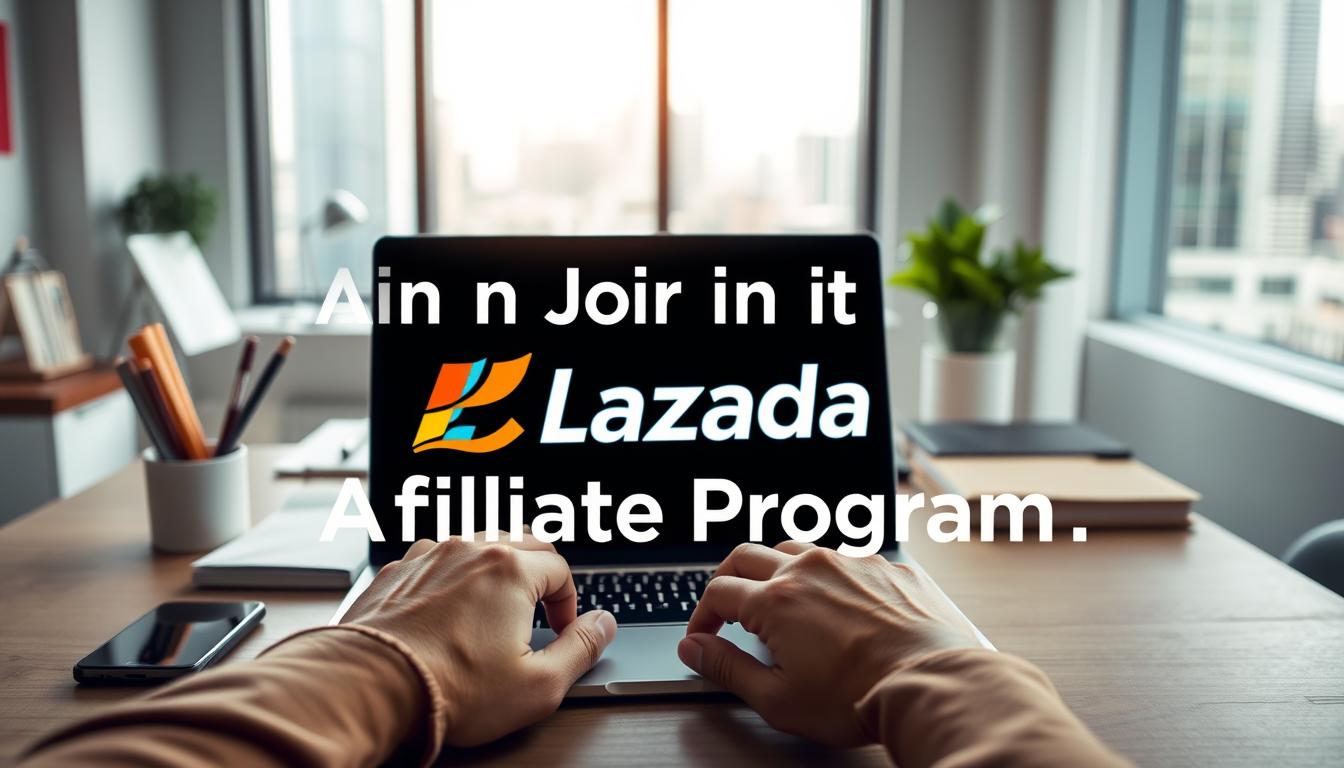 A vibrant and professional-looking image of a person joining the Lazada affiliate program. The foreground shows a person's hands typing on a laptop, with a Lazada logo prominently displayed on the screen. The middle ground features a clean, minimalist workspace with office supplies and a potted plant, suggesting a productive and organized work environment. The background showcases a blurred cityscape, hinting at the broader digital landscape in which this affiliate opportunity exists. The lighting is soft and natural, creating a warm, inviting atmosphere. The overall composition conveys a sense of focus, progress, and the potential for financial success through Lazada's affiliate program.