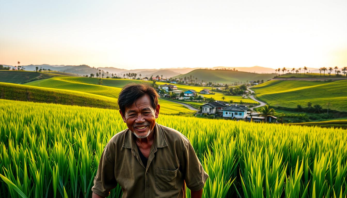 A serene Indonesian countryside scene, with lush green rice fields stretching to the horizon. In the foreground, a hardworking farmer tends to his crops, his face weathered by the sun but his expression content. The middle ground features a small village, its colorful houses and winding streets a testament to the vibrant local community. In the background, rolling hills dotted with palm trees create a tranquil, picturesque backdrop. The lighting is warm and golden, casting a soft glow over the entire scene. This image conveys a sense of sustainability, prosperity, and the enduring strength of Indonesia's agricultural heritage.