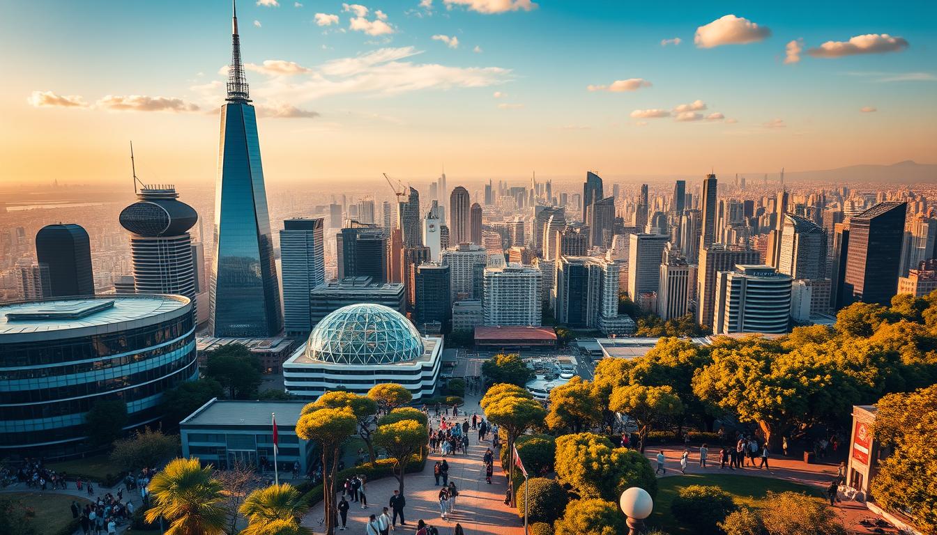 A vibrant and dynamic global landscape, showcasing diverse academic disciplines that transcend borders. In the foreground, a university campus buzzes with international students, engaged in collaborative projects and discussions. Towering skyscrapers and cutting-edge technology hubs form the middle ground, symbolizing the professional opportunities that await. In the distance, a panoramic view of bustling metropolises, where multinational corporations thrive, highlighting the interconnectedness of our world. Warm, golden lighting casts a welcoming glow, evoking a sense of possibility and growth. Shot with a wide-angle lens to capture the expansive, interconnected nature of these globally-oriented academic programs.