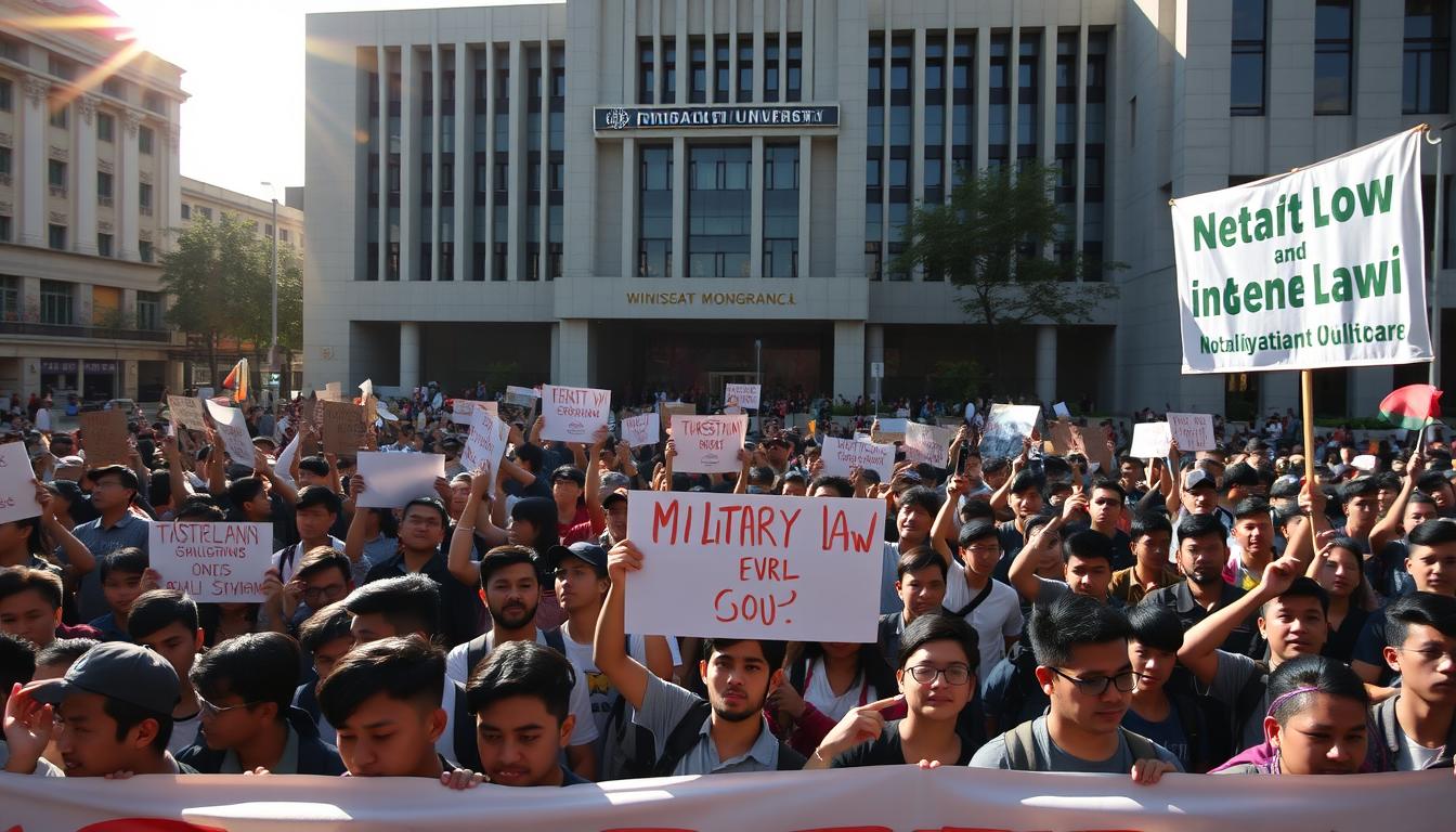 A large crowd of university students gathered in a public square, holding signs and banners in protest against the proposed revisions to the Military Law. The scene is captured with a wide-angle lens, highlighting the scale and energy of the demonstration. Sunlight filters through the buildings, casting dramatic shadows on the crowd below. The students' faces show a mix of determination and passion, their body language conveying a sense of unified resistance. The background features the iconic architecture of the Trisakti University campus, adding context and a sense of place to the image. Overall, the prompt aims to create a visually striking and emotive depiction of the student protest, capturing the essence of their opposition to the government's legislative plans.