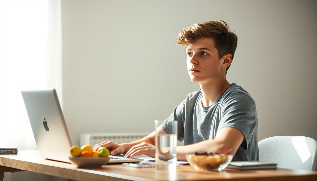 A young person sitting at a desk, resisting the temptation to snack, surrounded by healthy alternatives. Bright, airy lighting illuminates the scene, creating a sense of focus and determination. The desk is neatly organized, with a laptop, a glass of water, and a small bowl of fresh fruit nearby. The person's gaze is fixed ahead, their expression one of mindfulness and self-control. The background features a minimalist, calming interior, emphasizing the importance of creating a conducive environment for avoiding unhealthy snacking during boredom or breaks.