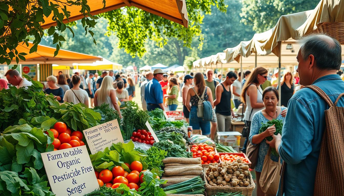 A crowded outdoor market, sun-dappled and bustling with activity. In the foreground, a shopper examines a variety of fresh organic produce - lush leafy greens, vibrant tomatoes, and earthy root vegetables. The stall displays signage highlighting the farm-to-table origins and pesticide-free cultivation. In the middle ground, other market-goers peruse similar stalls, conversing with vendors and selecting their weekly haul of wholesome, chemical-free foods. The background reveals the larger market setting - a colorful tapestry of tented stalls, woven baskets, and the chatter of a community embracing a sustainable, healthy lifestyle. Warm, natural lighting filters through the scene, evoking a sense of warmth, vitality, and connection to the land.