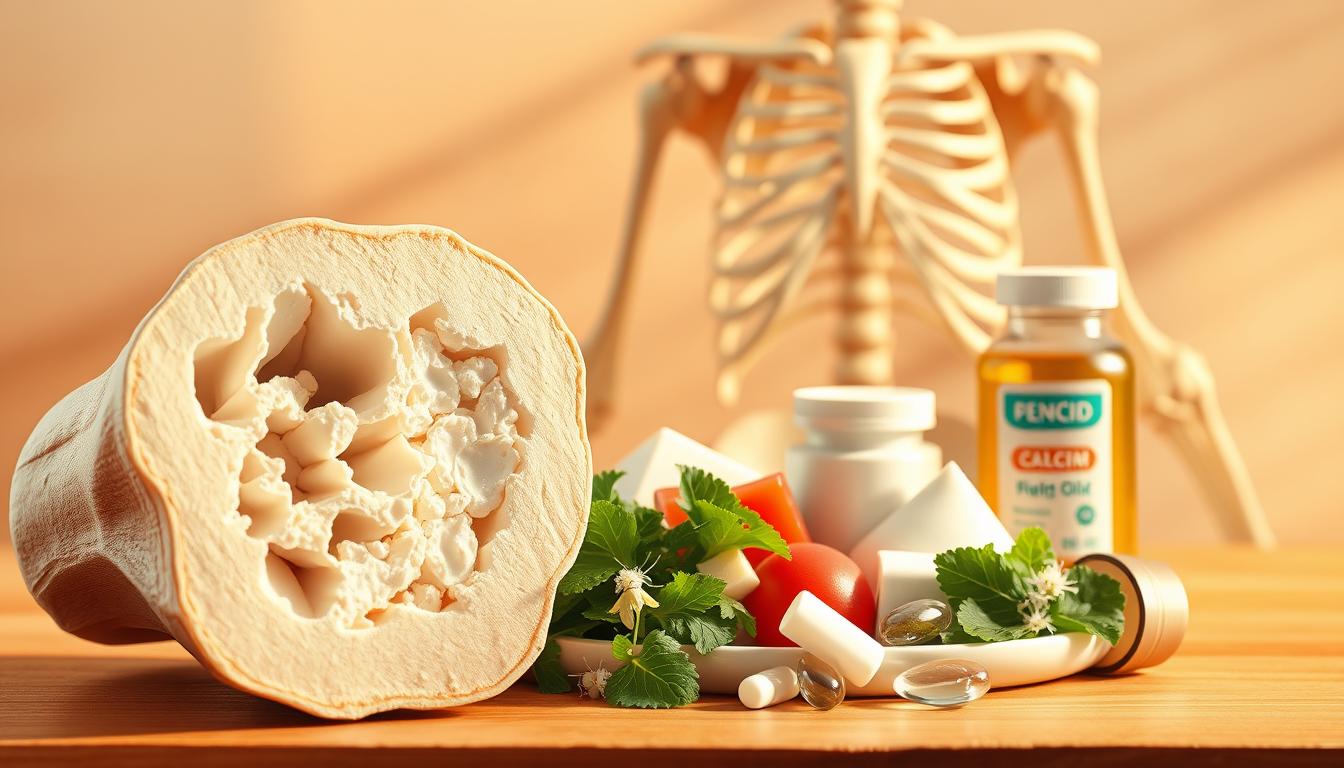 A detailed illustration depicting the essential roles of calcium and vitamin D for strong, healthy bones. In the foreground, a cross-section of a bone showcases the intricate internal structure, highlighting the importance of calcium for bone density and structure. In the middle ground, a nutritious meal featuring dairy products, leafy greens, and fish oil supplements represents the dietary sources of calcium and vitamin D. The background features a stylized skeletal system, underscoring the vital connection between these nutrients and overall bone health. Warm, natural lighting casts a soothing, educational tone, emphasizing the preventative measures against osteoporosis.