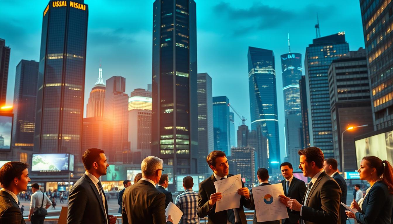 A bustling financial district with towering skyscrapers and a bustling cityscape in the background. In the foreground, a group of business professionals in suits and ties, engaged in animated discussions, surrounded by charts, graphs, and financial documents. The lighting is warm and inviting, casting a glow over the scene, conveying a sense of productivity and prosperity. The angle is slightly elevated, providing a panoramic view of the dynamic economic landscape. Overall, the image evokes a sense of the field of economics, its complexity, and the importance of supporting businesses and financial decisions.