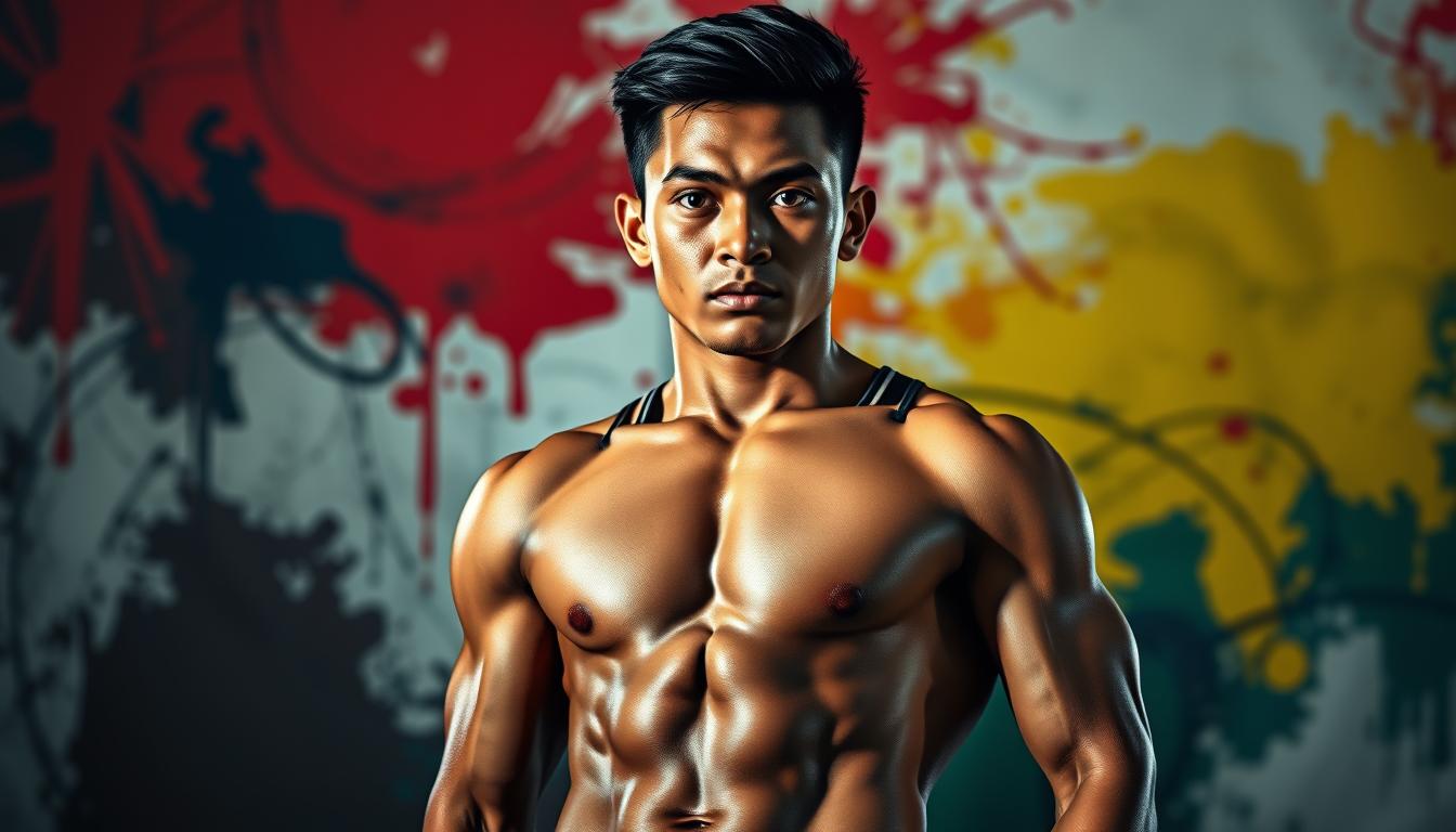 A majestic portrait of an Indonesian athlete, standing tall and proud, their sculpted physique radiating power and grace. The foreground captures their determined gaze, brimming with the intensity of their training and the drive to excel. The middle ground showcases their sport-specific gear, meticulously designed for peak performance. In the background, a vibrant, abstract setting evokes the spirit of the nation, with bold colors and dynamic brushstrokes conveying the energy and passion that fuels their pursuit of greatness. Dramatic lighting casts dramatic shadows, accentuating the athlete's muscular form and the unwavering focus etched on their face. This image is a testament to the inspiring achievements of Indonesia's elite sportsmen and women, motivating others to reach for their own personal bests.