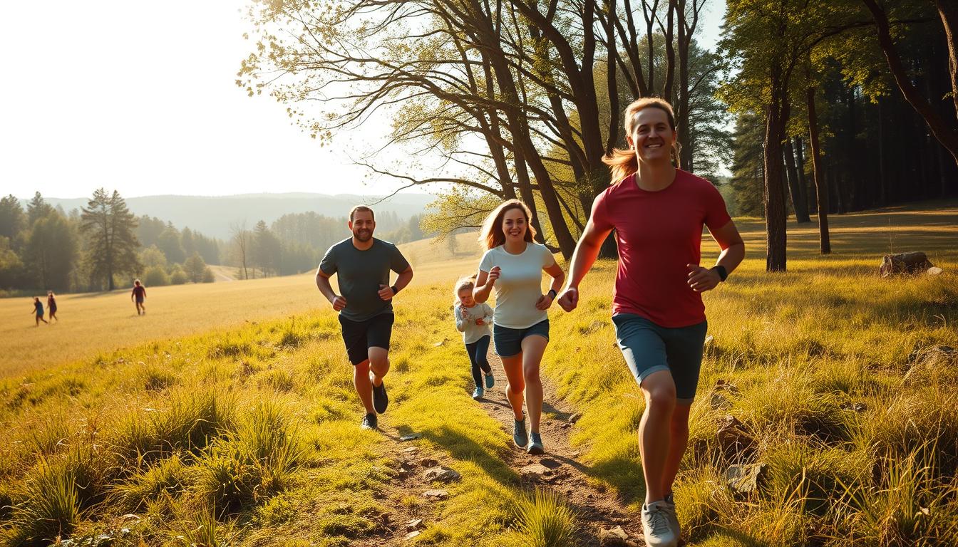 An outdoor scene of people engaging in various physical activities in a natural, lush environment. In the foreground, a group of friends are hiking along a winding trail, their faces filled with joy and exertion. In the middle ground, a couple are jogging through a sun-dappled forest, their bodies in perfect harmony with the rhythmic movements. In the background, a family is playing a game of frisbee in a large, grassy meadow, their laughter carrying on the gentle breeze. The scene is bathed in warm, golden light, creating a sense of tranquility and vitality. The overall mood is one of vibrant, healthy living, captured through a cinematic, wide-angle lens.