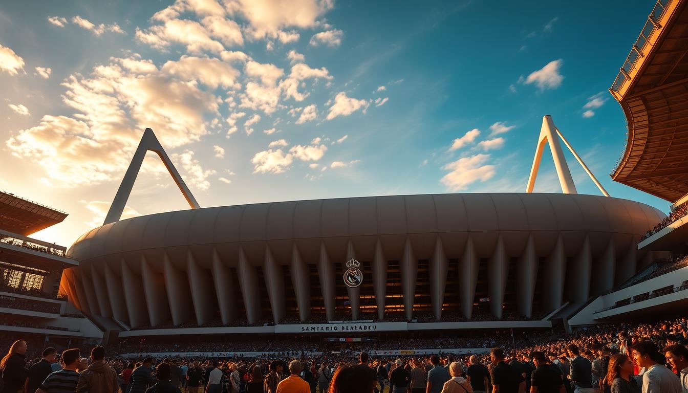 A grand, modern soccer stadium bathed in warm, golden light. The iconic Santiago Bernabéu, home of Real Madrid, stands tall and proud, its sleek, angular architecture and sweeping curves creating a captivating silhouette against a vibrant, sun-dappled sky. Fans gather at the stadium's main entrance, eagerly anticipating the match, their energy and enthusiasm palpable. The scene conveys a sense of grandeur, excitement, and the unparalleled atmosphere of a world-class soccer venue.