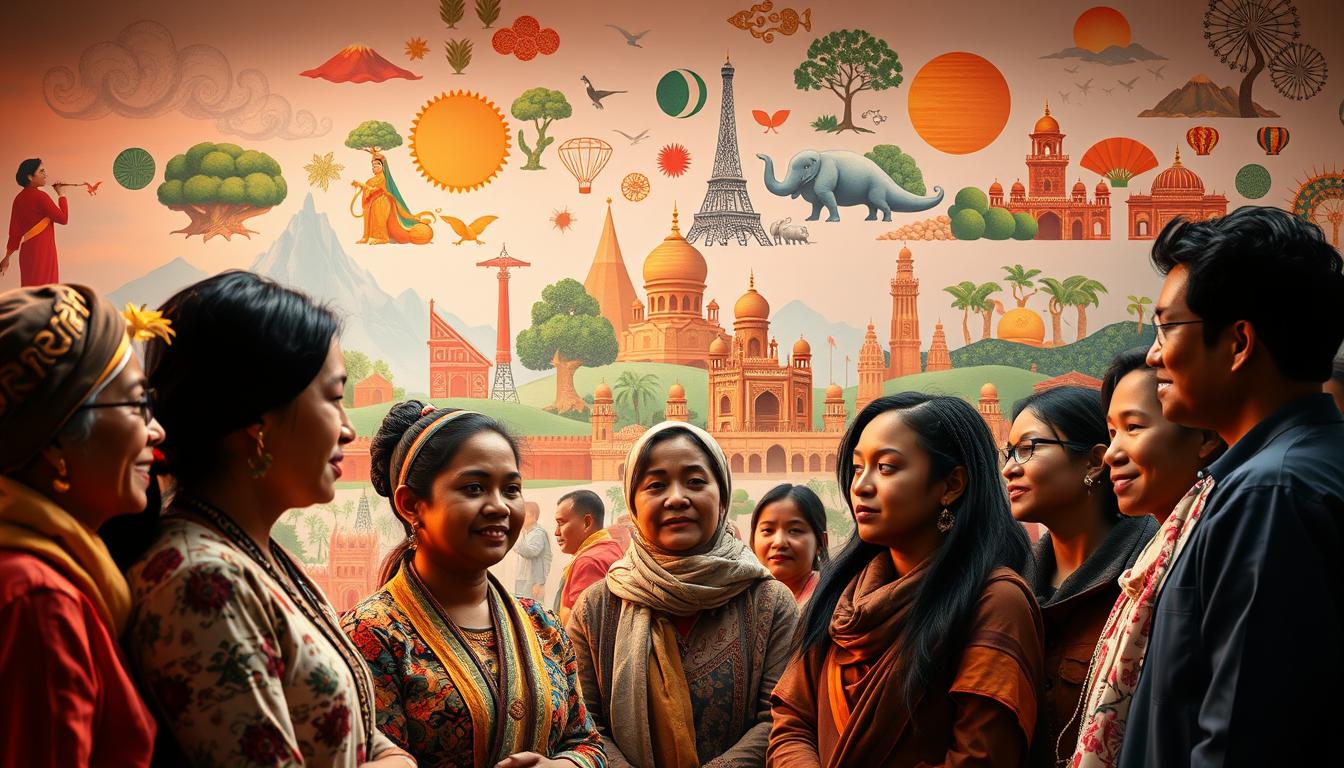 A vibrant scene showcasing the diversity of emotional intelligence across cultures. In the foreground, a group of individuals from various backgrounds engage in meaningful dialogue, their expressions and body language reflecting a deep understanding of one another's perspectives. The middle ground features symbolic representations of different cultural traditions and practices, each with its unique approach to emotional awareness and expression. In the background, a tapestry of natural landscapes and architectural elements creates a visually striking and harmonious backdrop, suggesting the interplay between individual, cultural, and environmental factors that shape emotional intelligence. Warm, soft lighting casts a contemplative, introspective mood, inviting the viewer to immerse themselves in the nuances of this cross-cultural exploration.