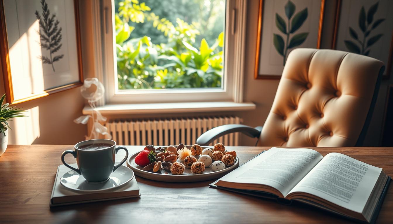 A serene home office setting, bathed in warm, natural lighting. On the desk, an open book, a cup of steaming tea, and a plate of assorted healthy snacks - fresh fruits, nuts, and yogurt-covered granola bites. The office chair is plush and comfortable, inviting the viewer to sit and unwind. Framed botanical prints adorn the walls, creating a calming, nature-inspired atmosphere. Through the window, a glimpse of a lush, verdant garden, hinting at the restorative power of the outdoors. The overall scene conveys a sense of balance, mindfulness, and the ability to manage stress through nourishing habits and a serene environment.