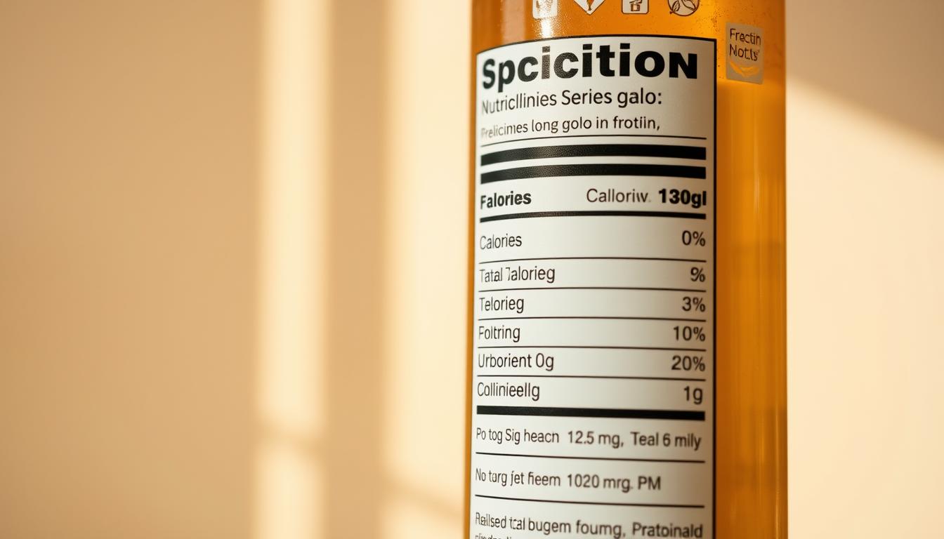 A close-up shot of a stylized nutrition label showcasing dietary information for a specialized diet. The label is prominently displayed against a soft, blurred background, bathed in warm, natural lighting that casts gentle shadows. The label features clear, legible typography and icons denoting key dietary factors like calories, carbohydrates, protein, and specialized dietary restrictions or requirements. The overall composition conveys a sense of informative clarity and visual appeal, suitable for highlighting the details of a specialized dietary label.