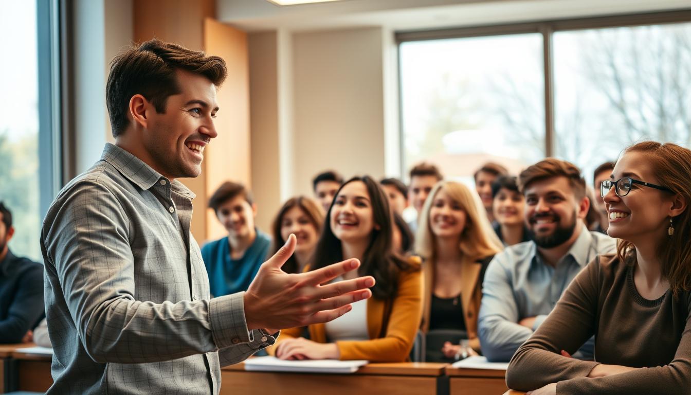 A classroom setting with a young, energetic professor energetically gesturing to a group of attentive university students, their faces filled with enthusiasm and eagerness to learn. Warm, natural lighting filters in through large windows, casting a motivating glow on the scene. The professor's expression is one of charisma and passion, inspiring the students to feel empowered and ready to embrace their academic journey. The background has subtle hints of the university campus, conveying a sense of pride and camaraderie. The overall atmosphere is one of inspiration, motivation, and a shared commitment to educational excellence.