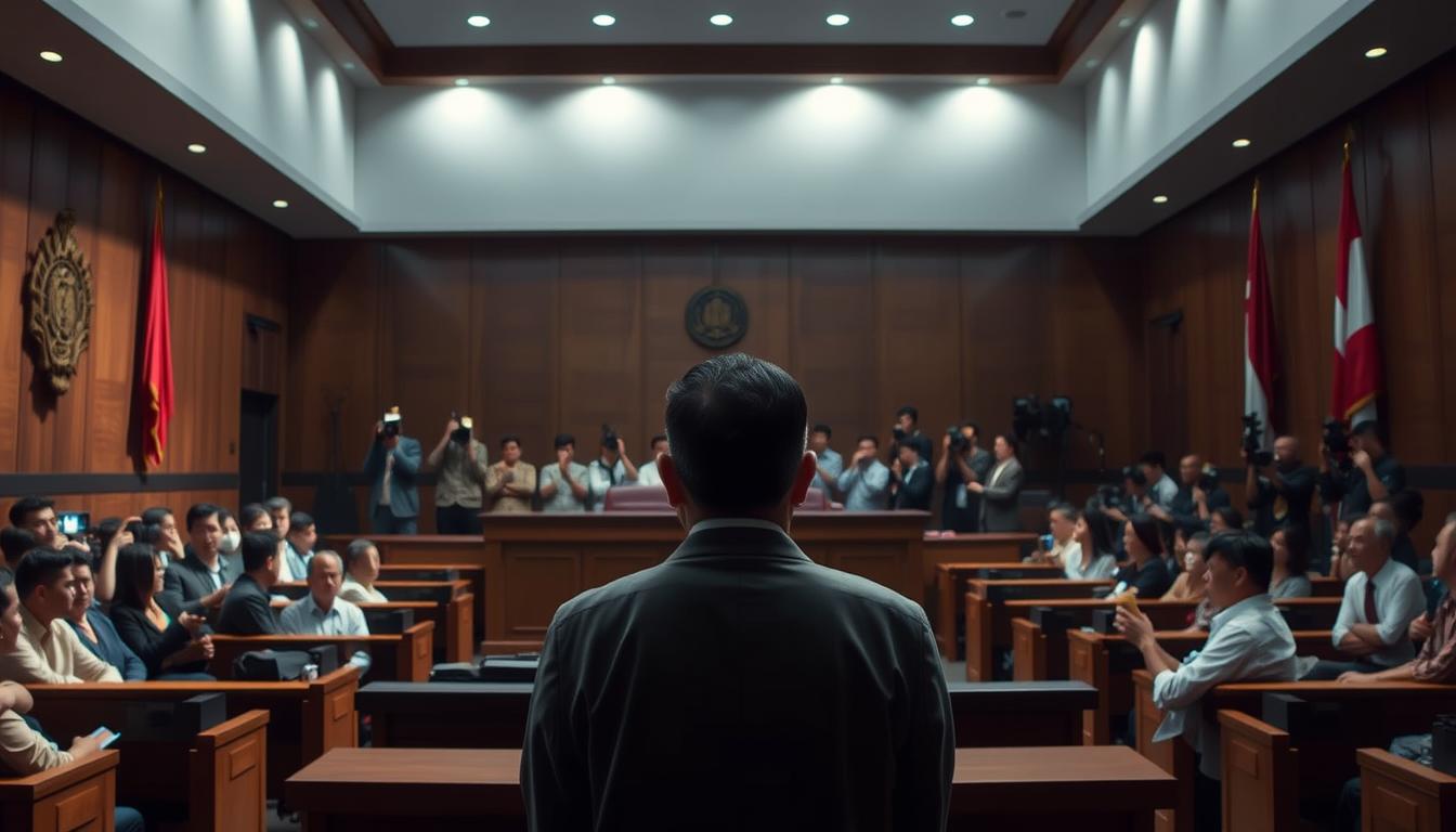 A courtroom scene with a judge's bench in the foreground, surrounded by rows of spectators. The defendant, Hasto Kristiyanto, stands before the judge, his expression somber. Soft, directional lighting illuminates the proceedings, casting dramatic shadows across the room. The walls are adorned with Indonesian flags and official insignia, conveying the gravity of the corruption trial. In the background, reporters and media personnel observe the scene, their cameras poised to capture the moment. The atmosphere is tense and serious, reflecting the high-stakes nature of the corruption case.