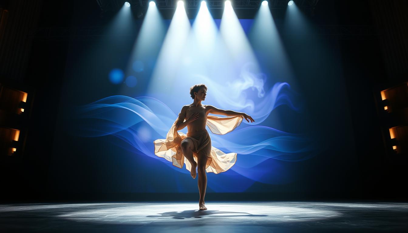 A dynamic performance on a grand stage, the spotlight illuminating a solo dancer in graceful motion. Fluid movements blend with an ethereal backdrop, hues of blue and purple cascading like waves. The dancer's expression is focused, conveying a sense of passionate dedication. Dramatic lighting casts dramatic shadows, adding depth and intensity to the scene. Camera positioned at a low angle to capture the performer's commanding presence, framed by the majestic proscenium arch. An awe-inspiring display of human artistry and mastery, a testament to the power of mind, body, and spirit in harmony.