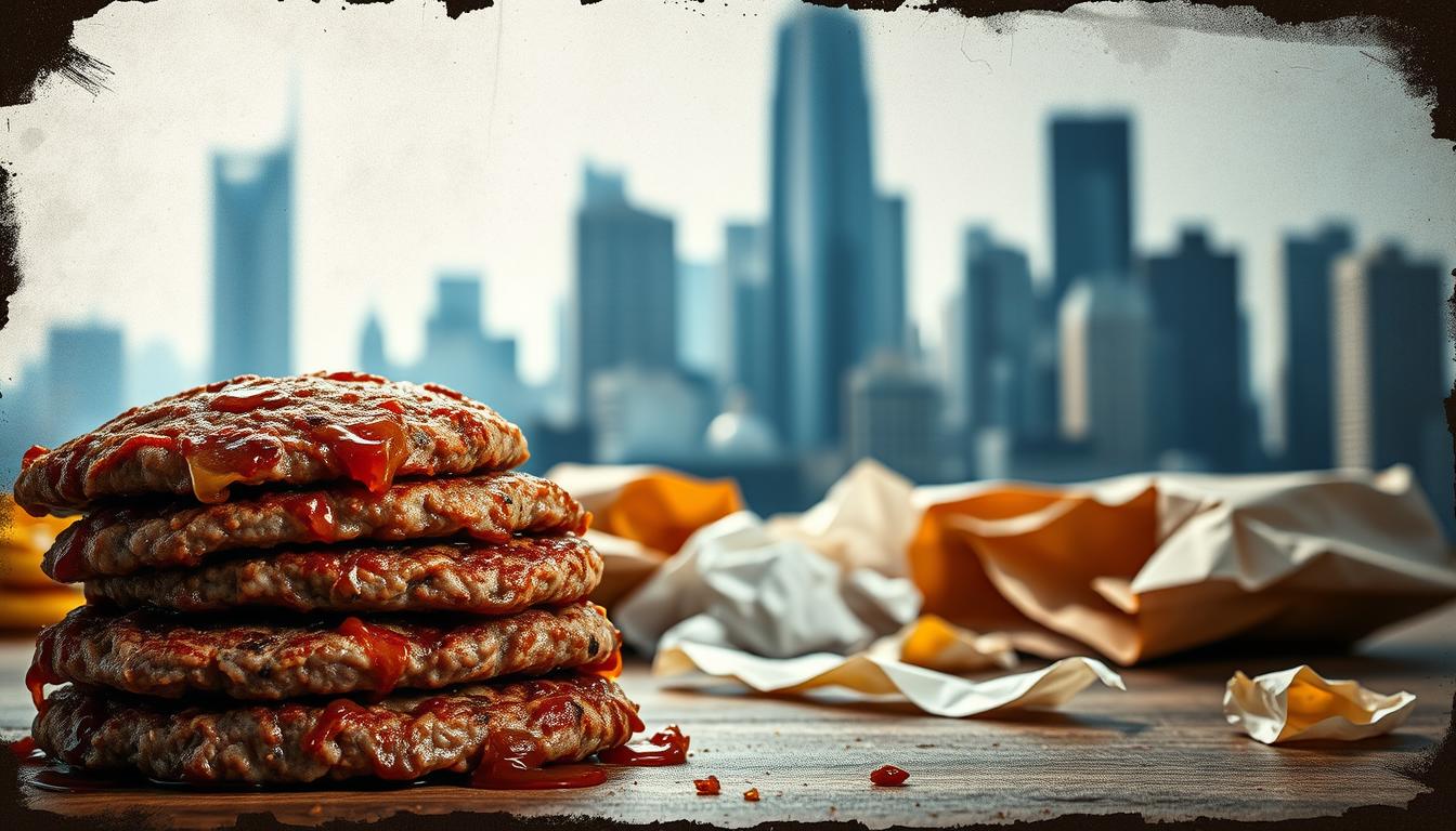 An unhealthy protein source on a distressed, grunge-style background. In the foreground, a stack of greasy, heavily processed meat patties, dripping with unhealthy fats. Surrounding them, a scattering of empty fast food wrappers and crumpled paper bags. In the middle ground, a blurred cityscape of towering skyscrapers, hinting at the unhealthy lifestyles and poor dietary choices common in urban environments. The lighting is harsh, casting deep shadows and emphasizing the unappealing, unappetizing nature of the depicted protein source. The overall mood is one of unease, unhealthiness, and a need to steer clear of these types of protein options.