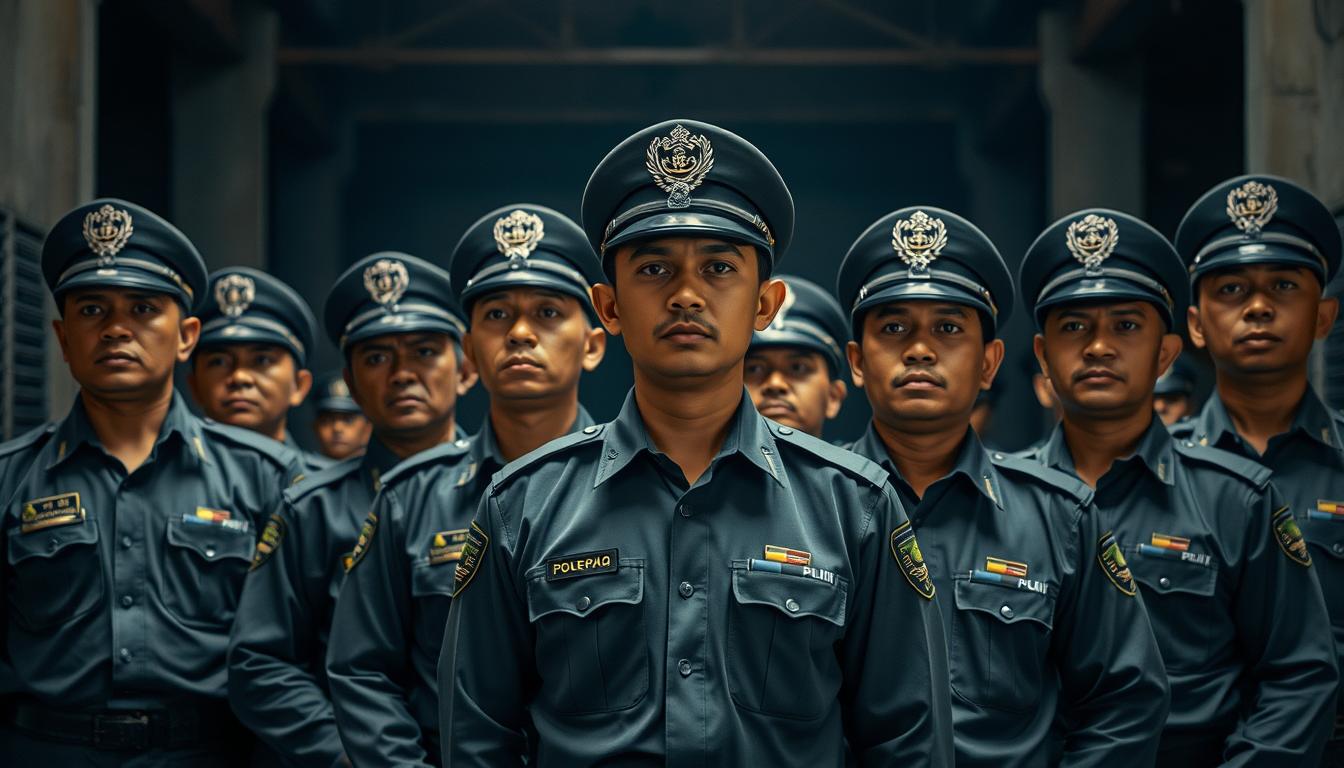 A group of uniformed police officers, members of the Indonesian Food Task Force (Satgas Pangan POLRI), stand vigilantly in a formal formation, their expressions resolute and focused. The scene is set against a backdrop of a dimly lit, industrial warehouse, hinting at the gravity of their mission to investigate and enforce regulations surrounding adulterated rice. Diffused lighting casts dramatic shadows, emphasizing the officers' determination as they prepare to carry out their duties with professionalism and integrity. The overall atmosphere conveys a sense of seriousness and commitment to upholding the law, reflecting the importance of their role in addressing the "Beras Oplosan" (Adulterated Rice) case.