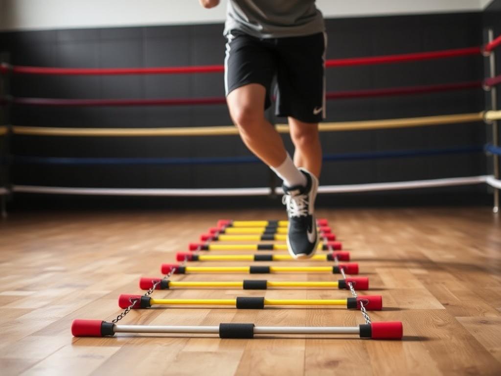 Atlet tinju berlatih dengan agility ladder untuk meningkatkan kecepatan kaki