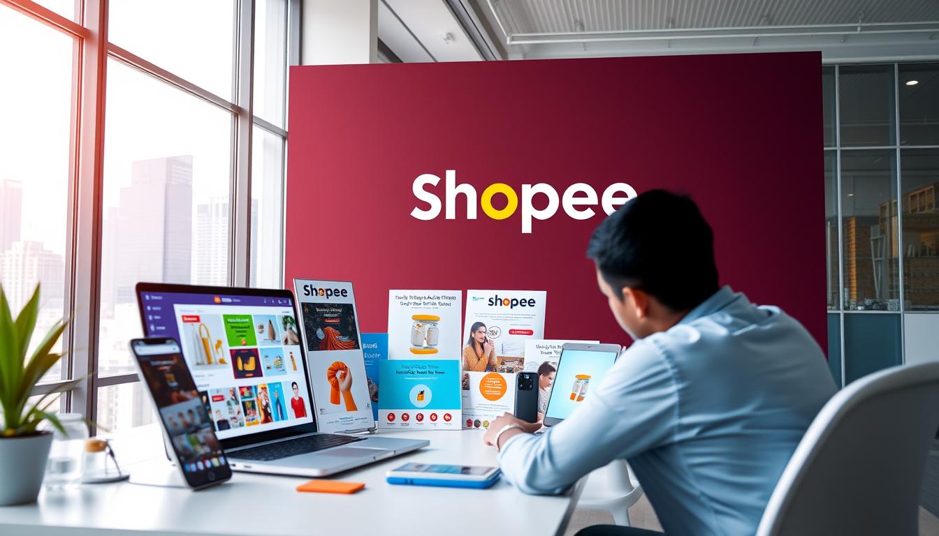 A modern, vibrant online marketplace with a laptop, smartphone, and Shopee logo prominently displayed. The scene is set in a clean, minimalist office space with large windows allowing natural light to flood in. In the foreground, a person is sitting at a desk, intently focused on their computer screen, symbolizing the process of setting up and managing a Shopee affiliate business. The middle ground features various Shopee-branded promotional materials, such as product images and advertisements, highlighting the key elements of the affiliate program. The background showcases a city skyline, conveying the global reach and potential of the Shopee platform. The overall tone is one of professionalism, opportunity, and digital entrepreneurship.